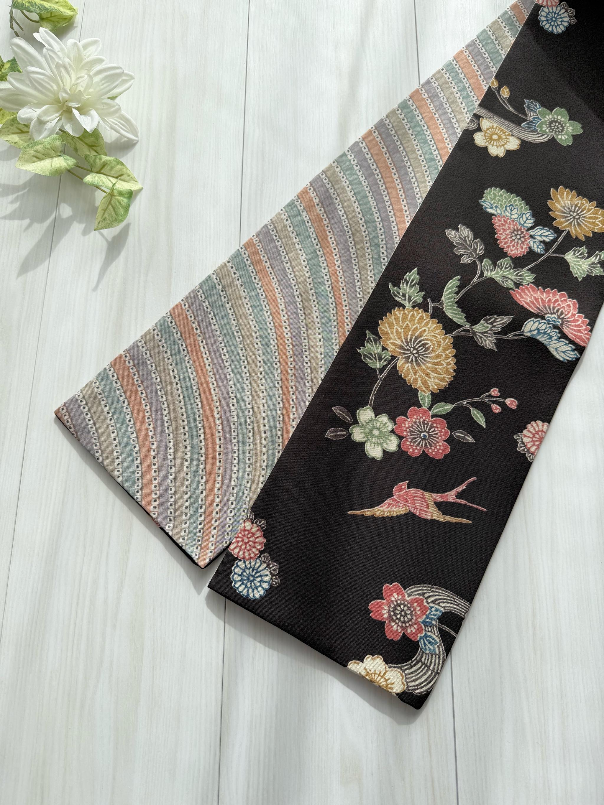 282号 半幅帯 京紅型 黒 焦茶×絞り風小紋 リバーシブル 正絹