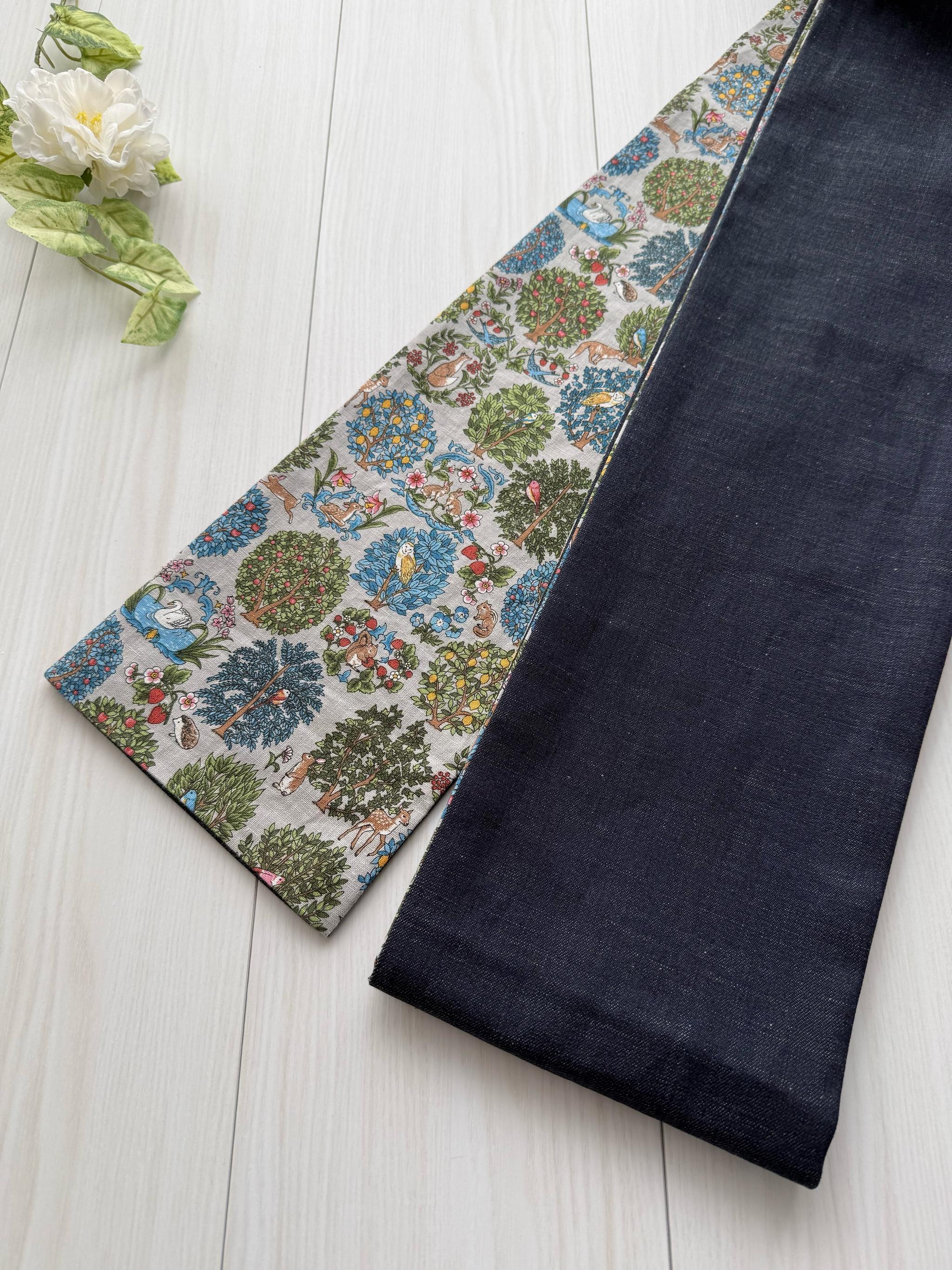 287号 デニム半幅帯 インディゴデニム×北欧調 グレー地 リバーシブル 綿100% 芯なし⭐︎1点〜6点までの限定⭐︎