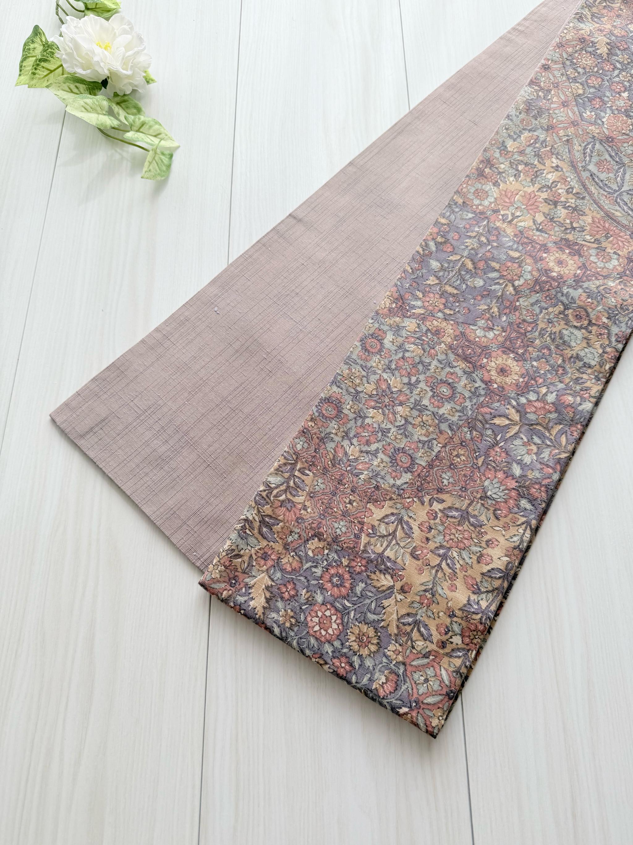 最後の一点！288号 半幅帯 本場結城紬 更紗×玉虫色紬 くすみピンクベージュ 正絹 リバーシブル