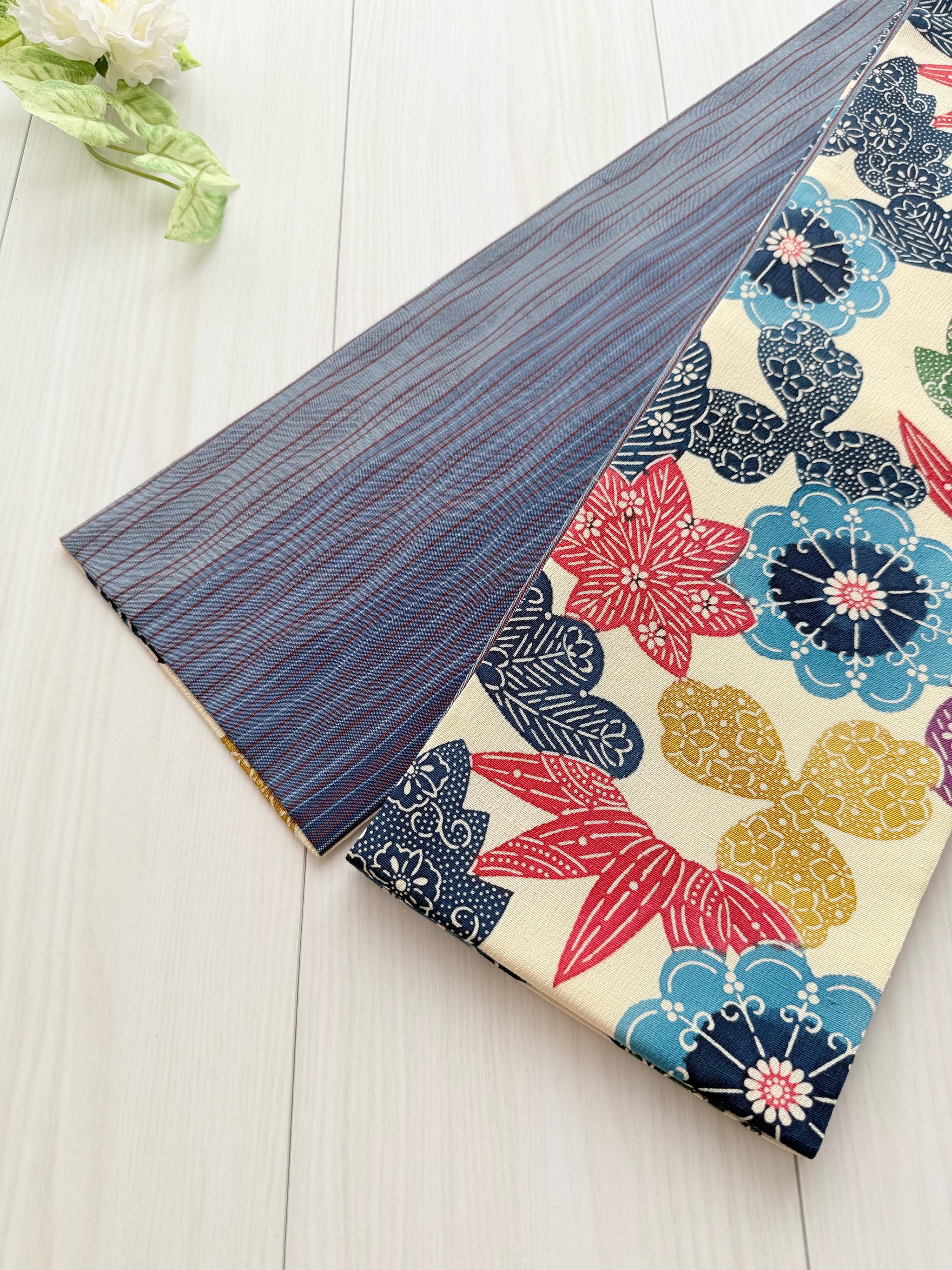 最後の一点！289号 半幅帯 草木染め紬 カラフル大柄×青系 縞グラデーション紬 正絹 リバーシブル