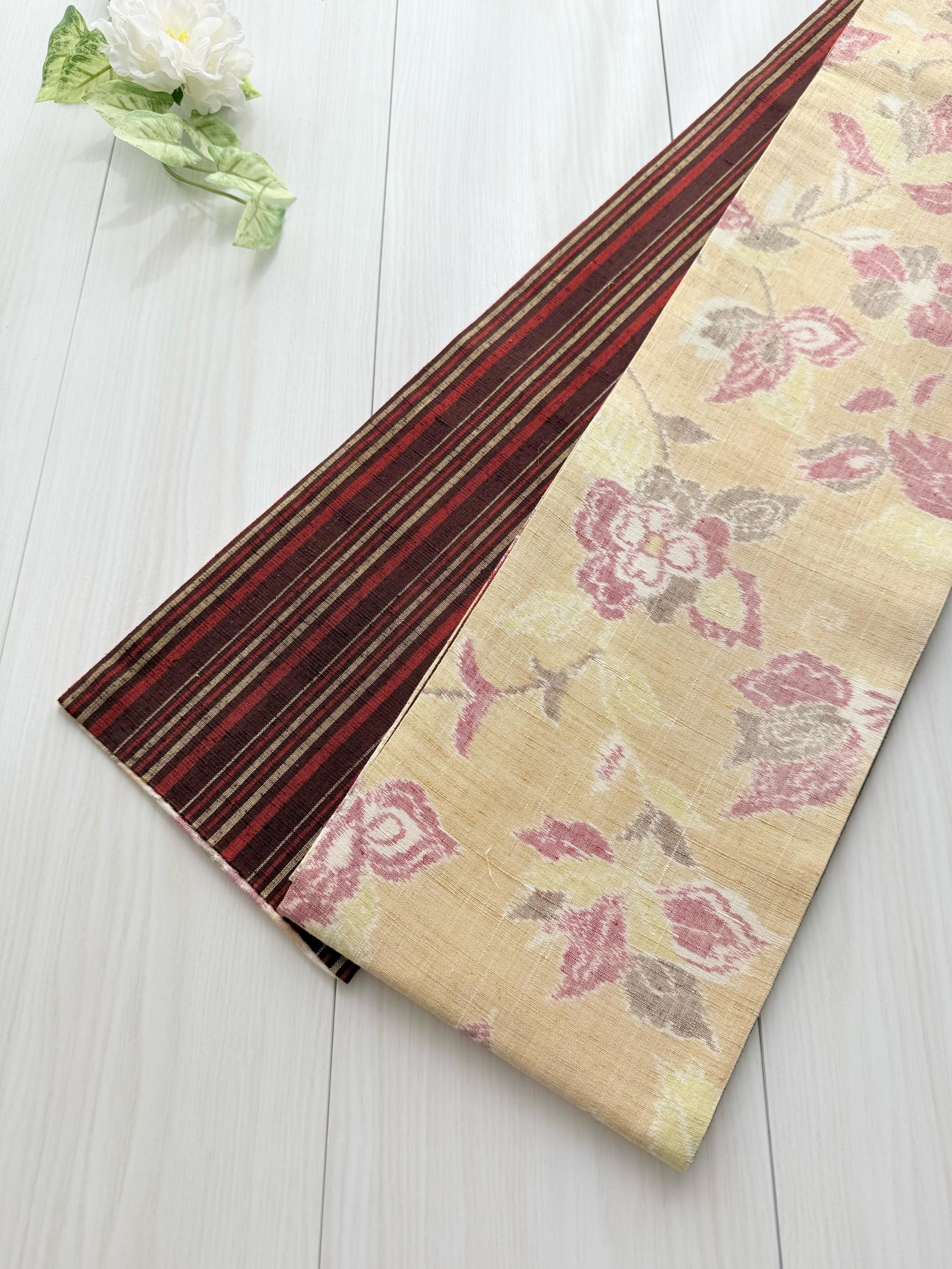 最後の一点！290号 小千谷紬 黄色×エンジ縞紬 正絹 リバーシブル