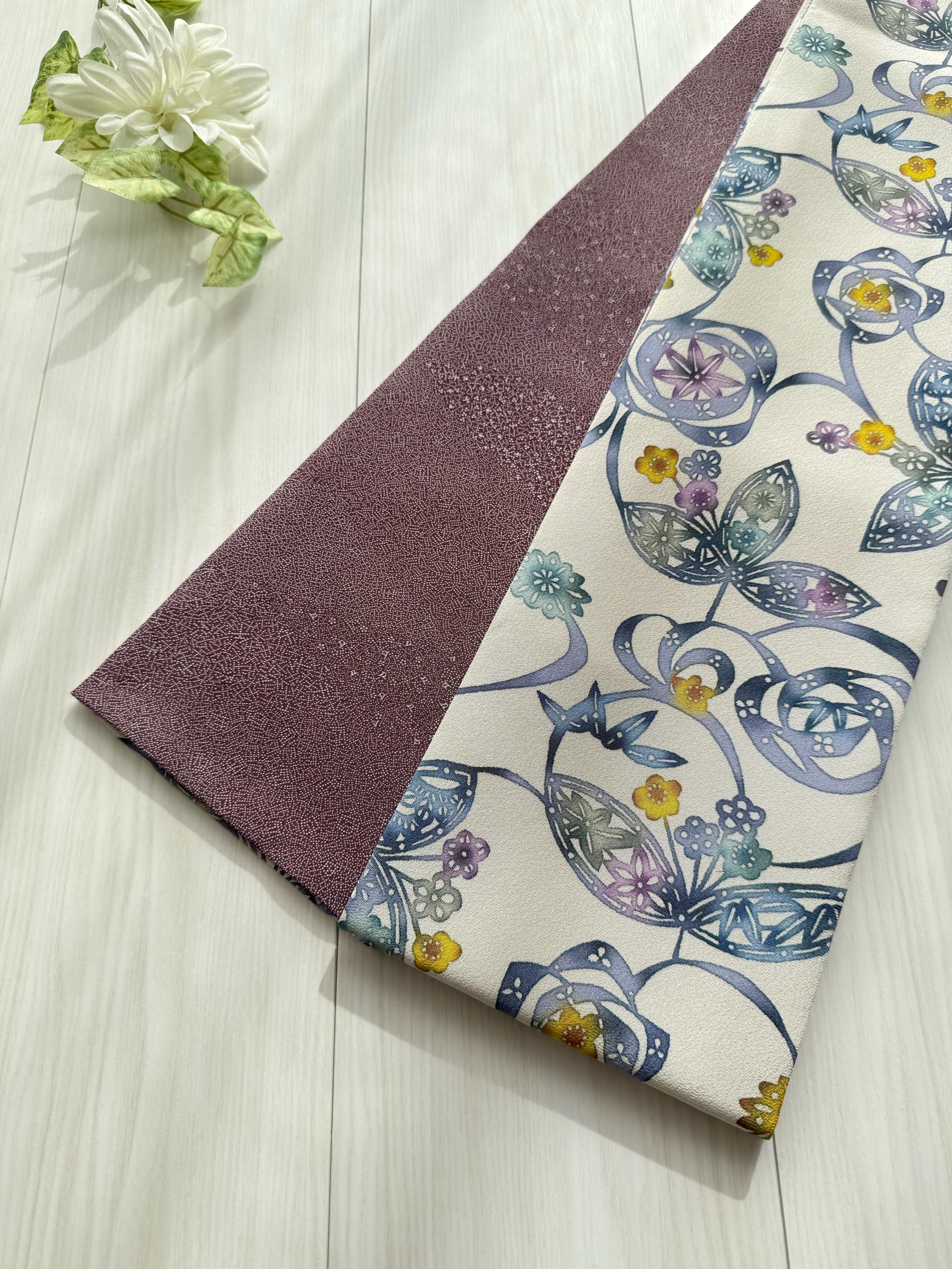 291号 半幅帯 高級京紅型 白 × 江戸小紋 寄せ柄 紫 正絹 リバーシブル 残り3点