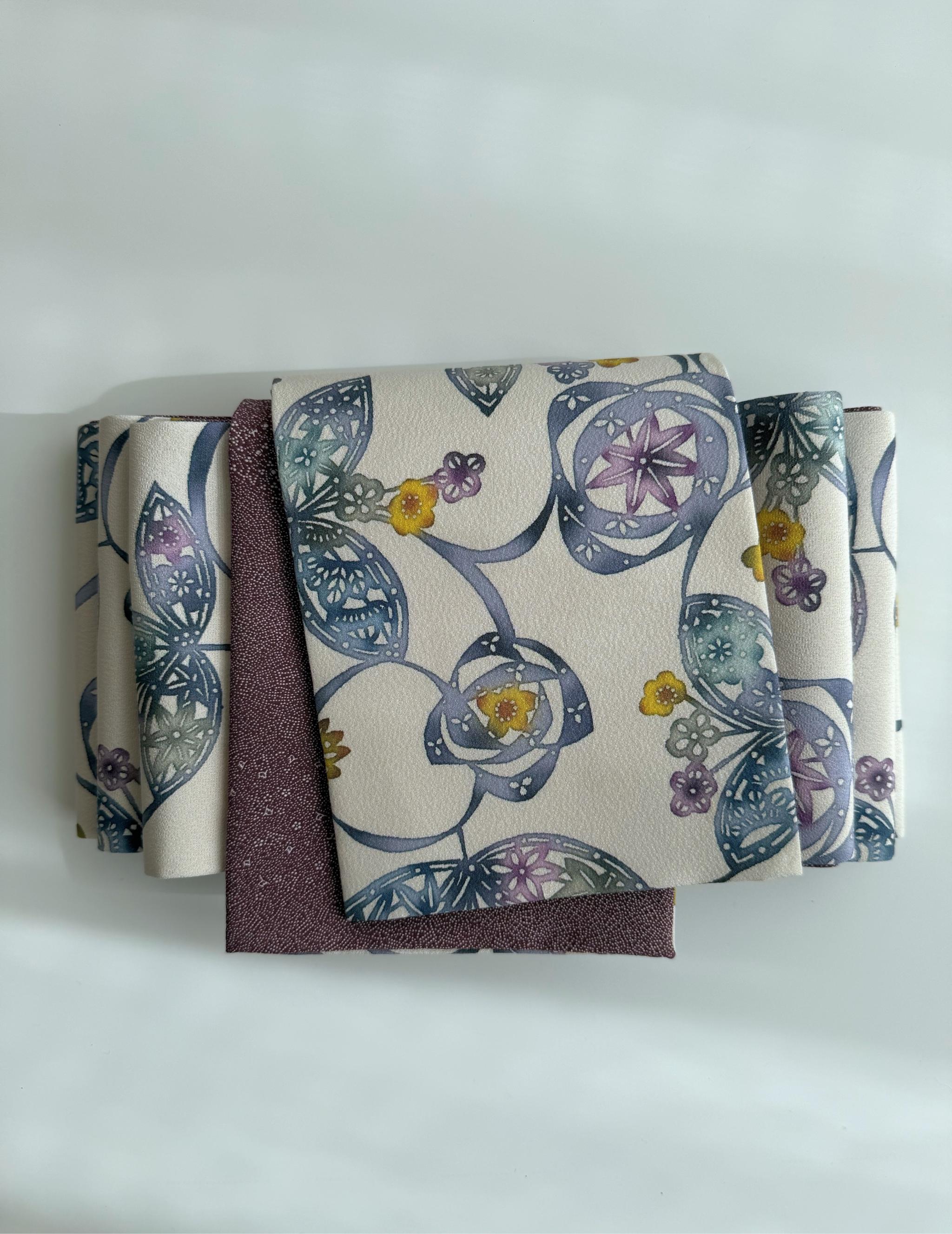 291号 半幅帯 高級京紅型 白 × 江戸小紋 寄せ柄 紫 正絹 リバーシブル 残り3点 | 8枚目