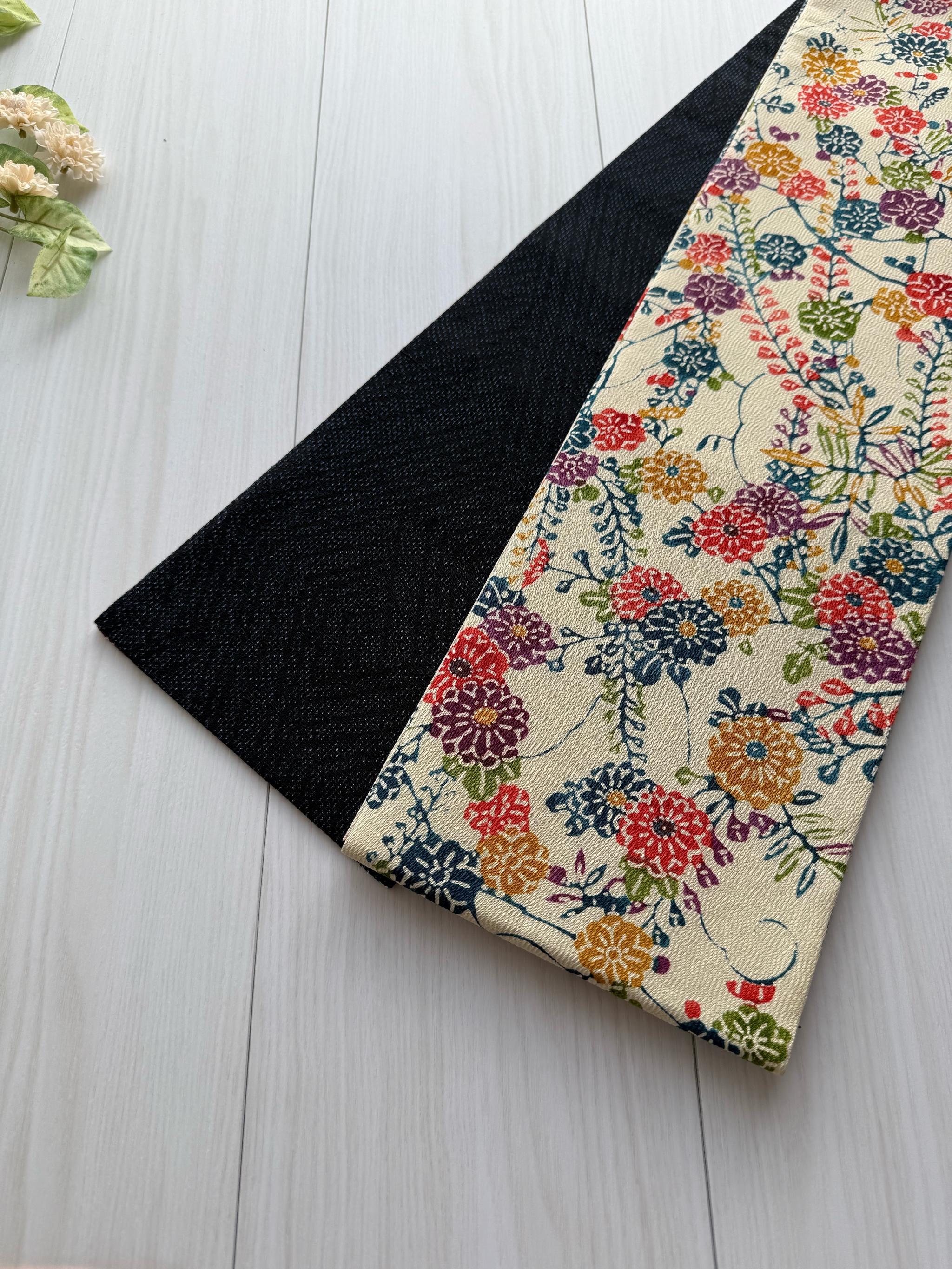 最後の一点！292号 半幅帯 紅型 アイボリー×本場結城紬 濃紺 正絹 リバーシブル