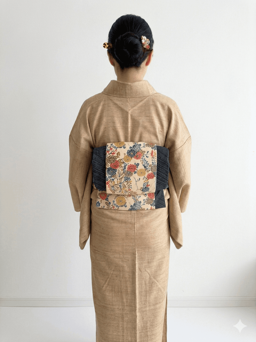 最後の一点！292号 半幅帯 紅型 アイボリー×本場結城紬 濃紺 正絹 リバーシブル | 4枚目