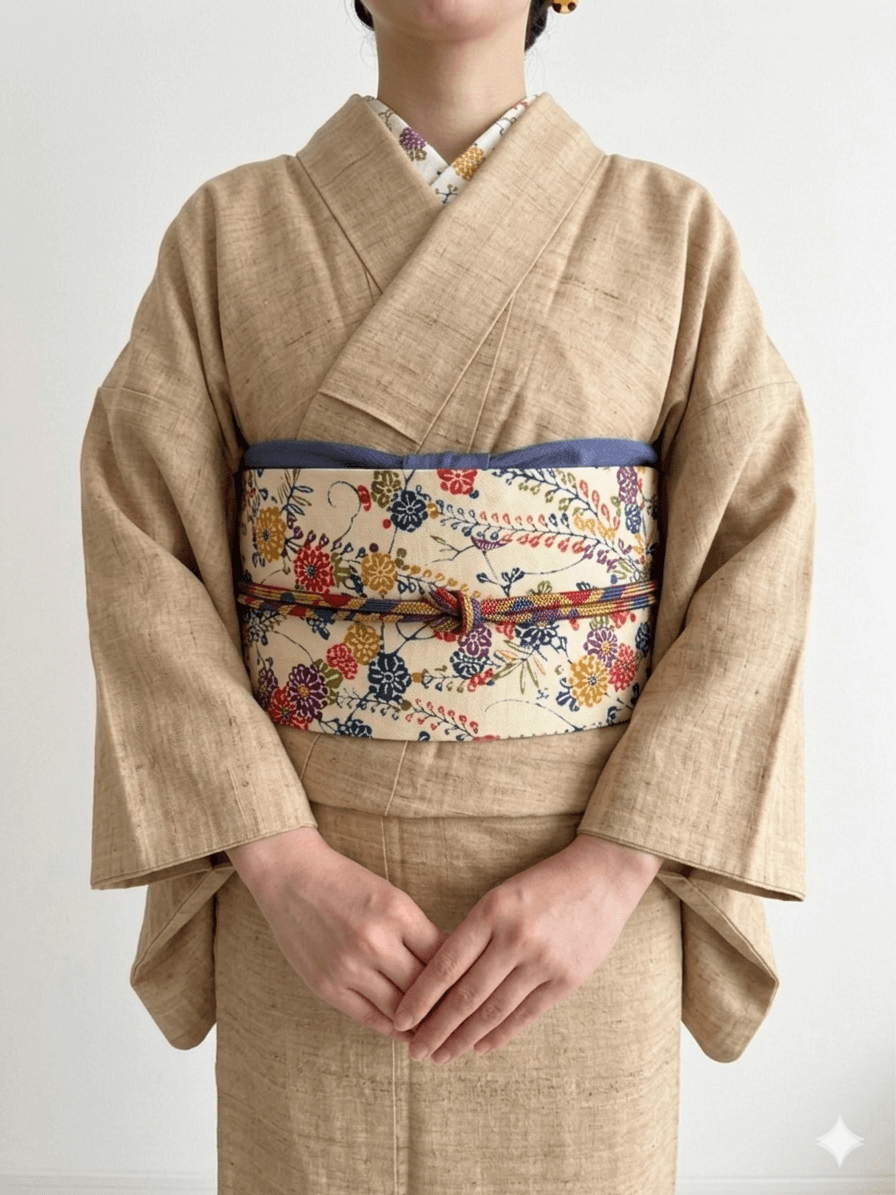 最後の一点！292号 半幅帯 紅型 アイボリー×本場結城紬 濃紺 正絹 リバーシブル | 5枚目