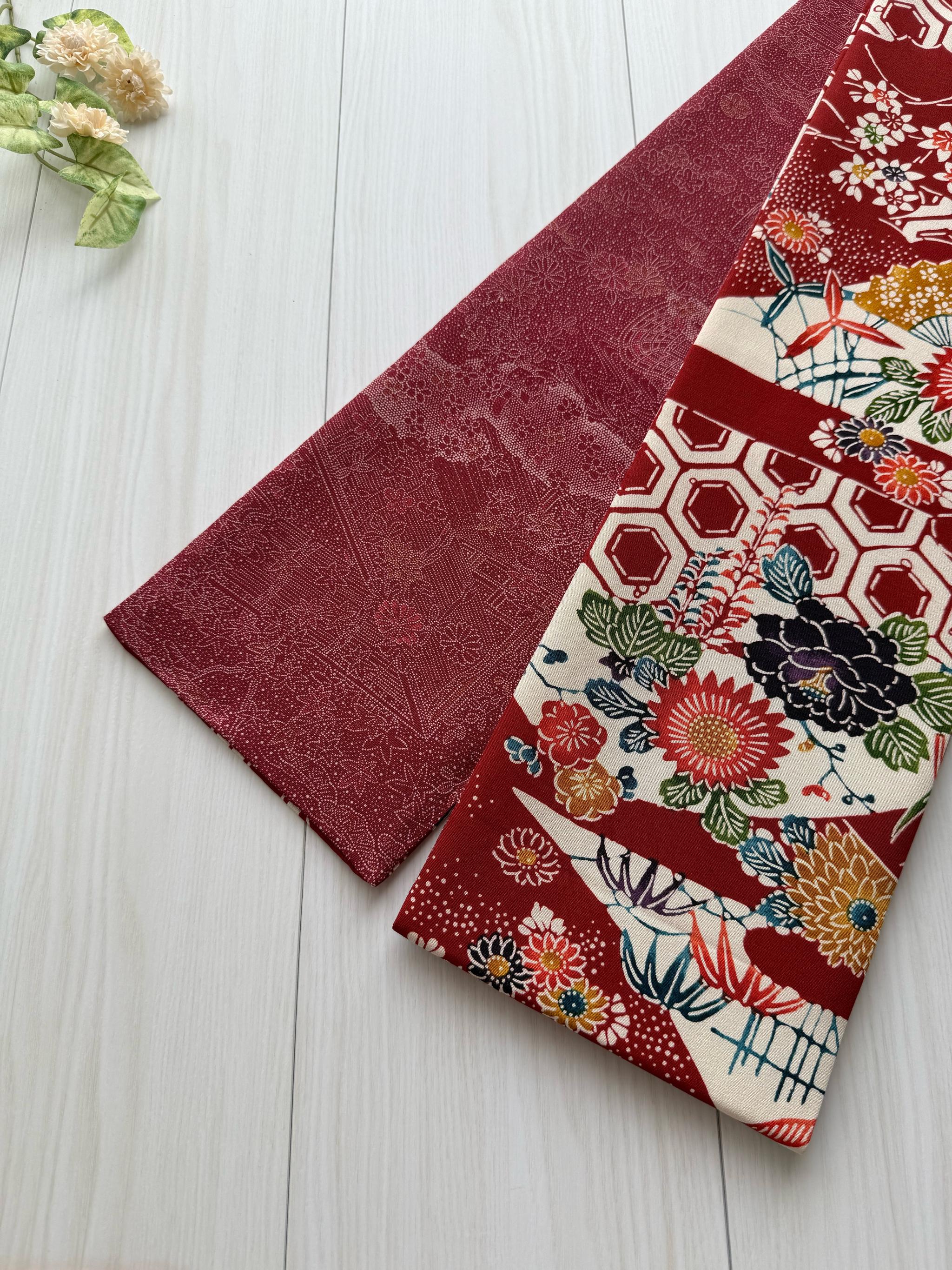 最後の一点！293号 半幅帯 紅型 赤 浜縮緬 ×江戸小紋 赤 正絹 リバーシブル