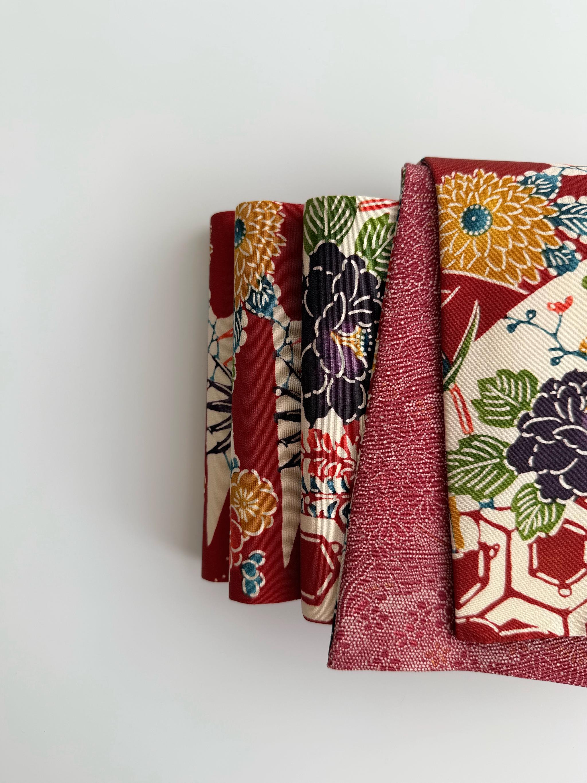 最後の一点！293号 半幅帯 紅型 赤 浜縮緬 ×江戸小紋 赤 正絹 リバーシブル | 10枚目