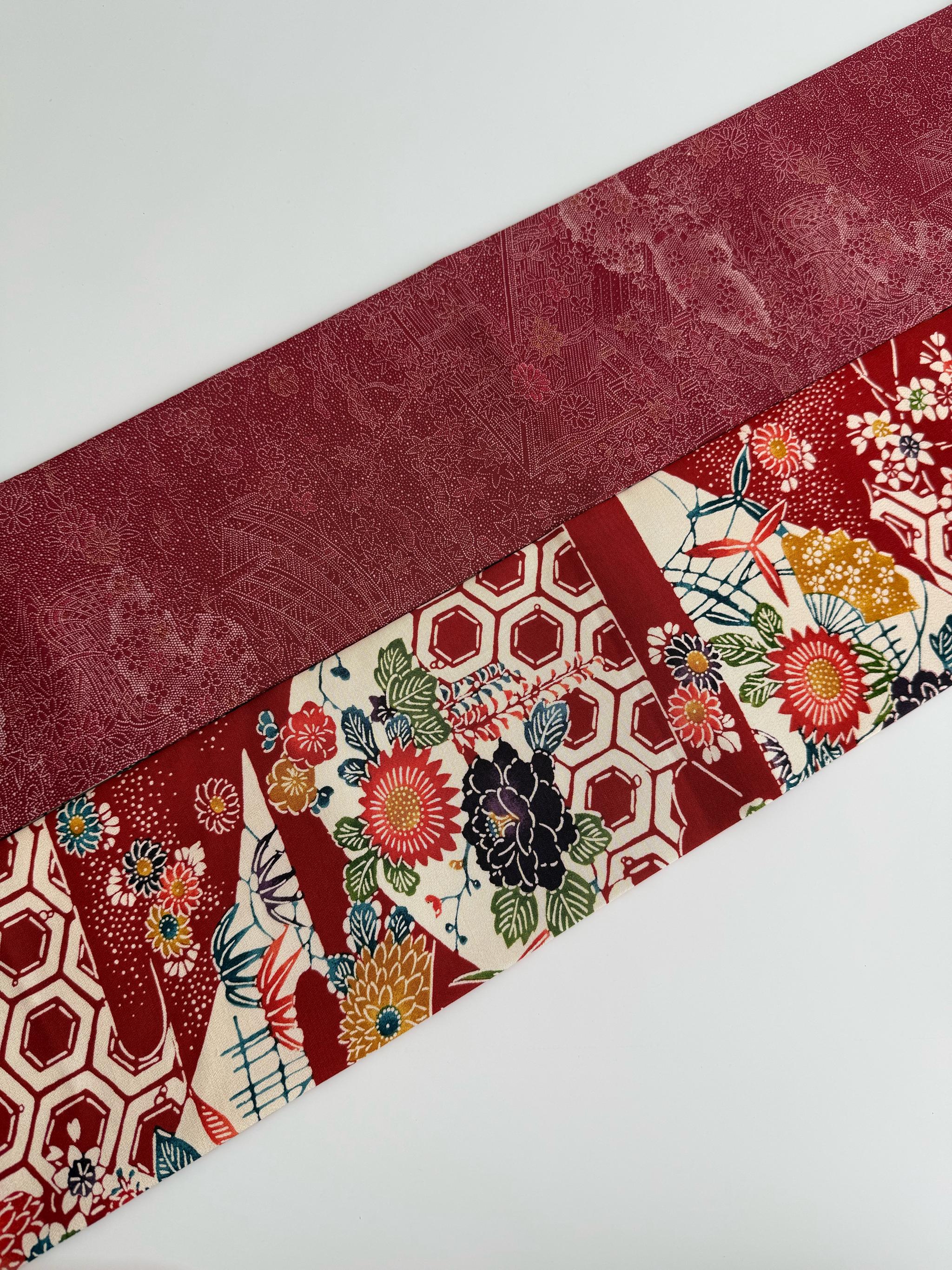 最後の一点！293号 半幅帯 紅型 赤 浜縮緬 ×江戸小紋 赤 正絹 リバーシブル | 14枚目