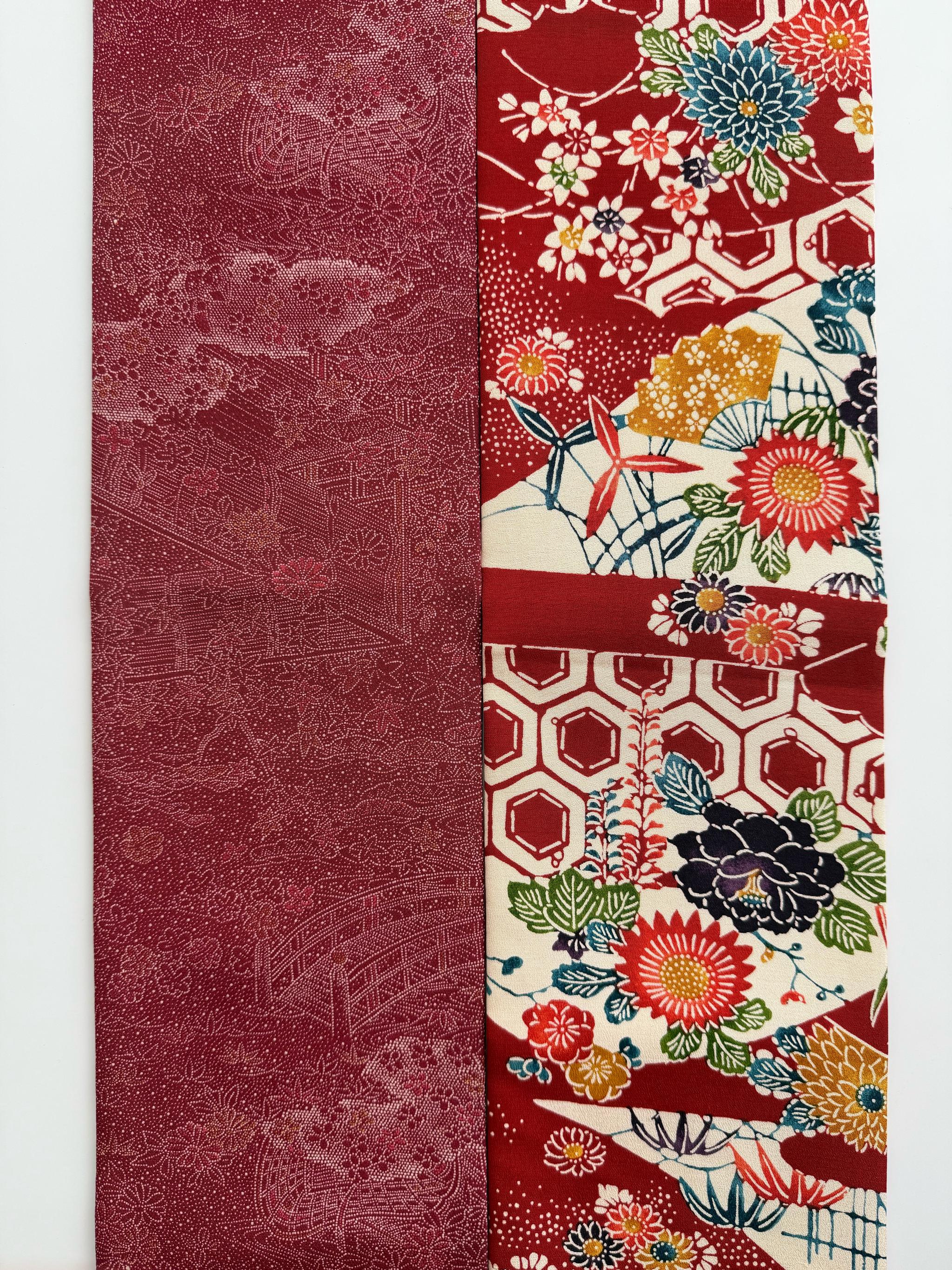 最後の一点！293号 半幅帯 紅型 赤 浜縮緬 ×江戸小紋 赤 正絹 リバーシブル | 15枚目