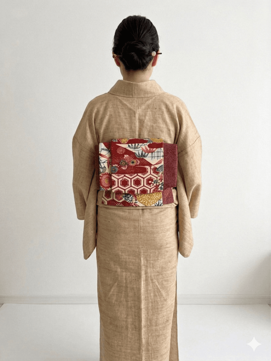 最後の一点！293号 半幅帯 紅型 赤 浜縮緬 ×江戸小紋 赤 正絹 リバーシブル | 4枚目