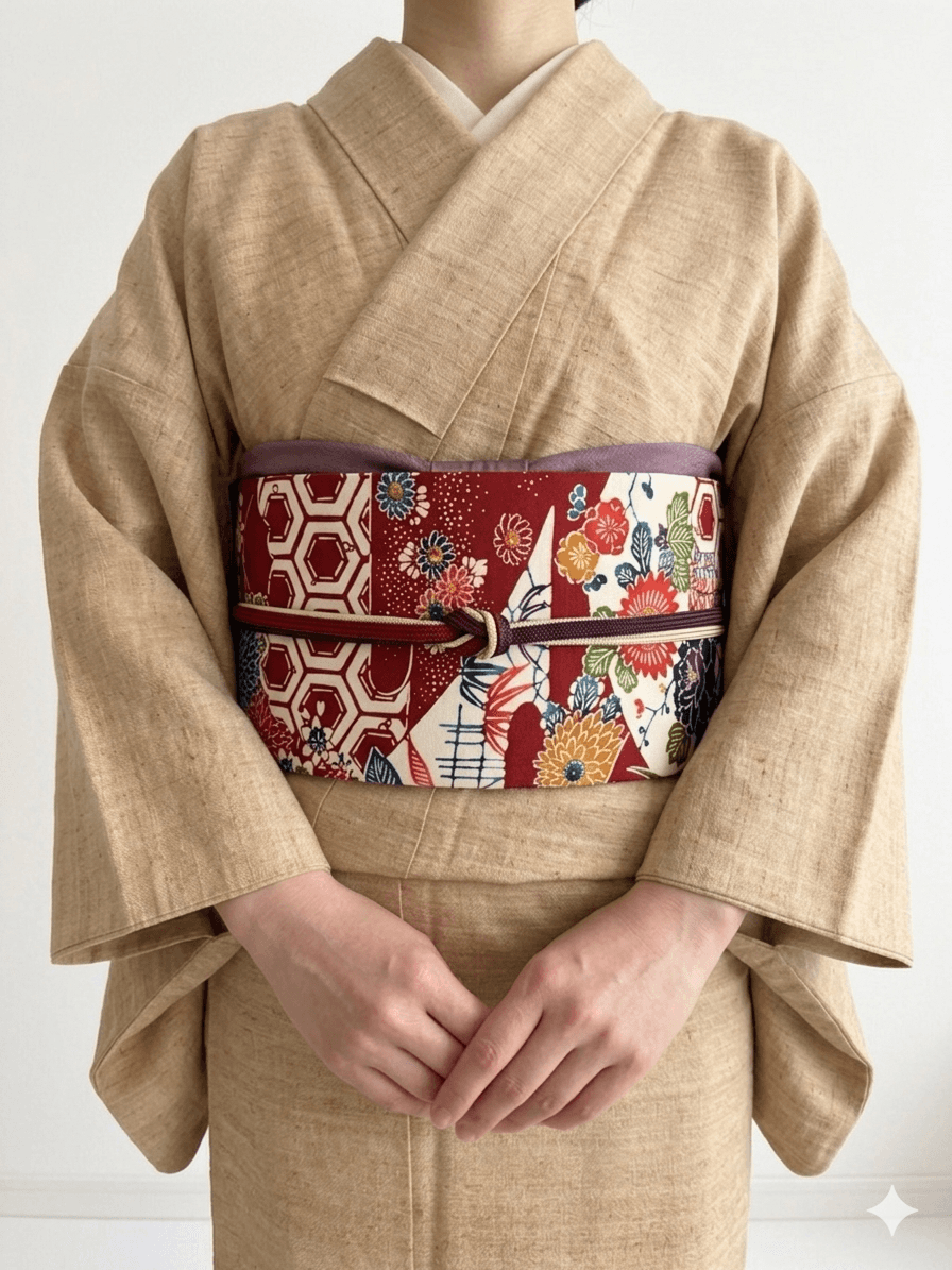 最後の一点！293号 半幅帯 紅型 赤 浜縮緬 ×江戸小紋 赤 正絹 リバーシブル | 5枚目