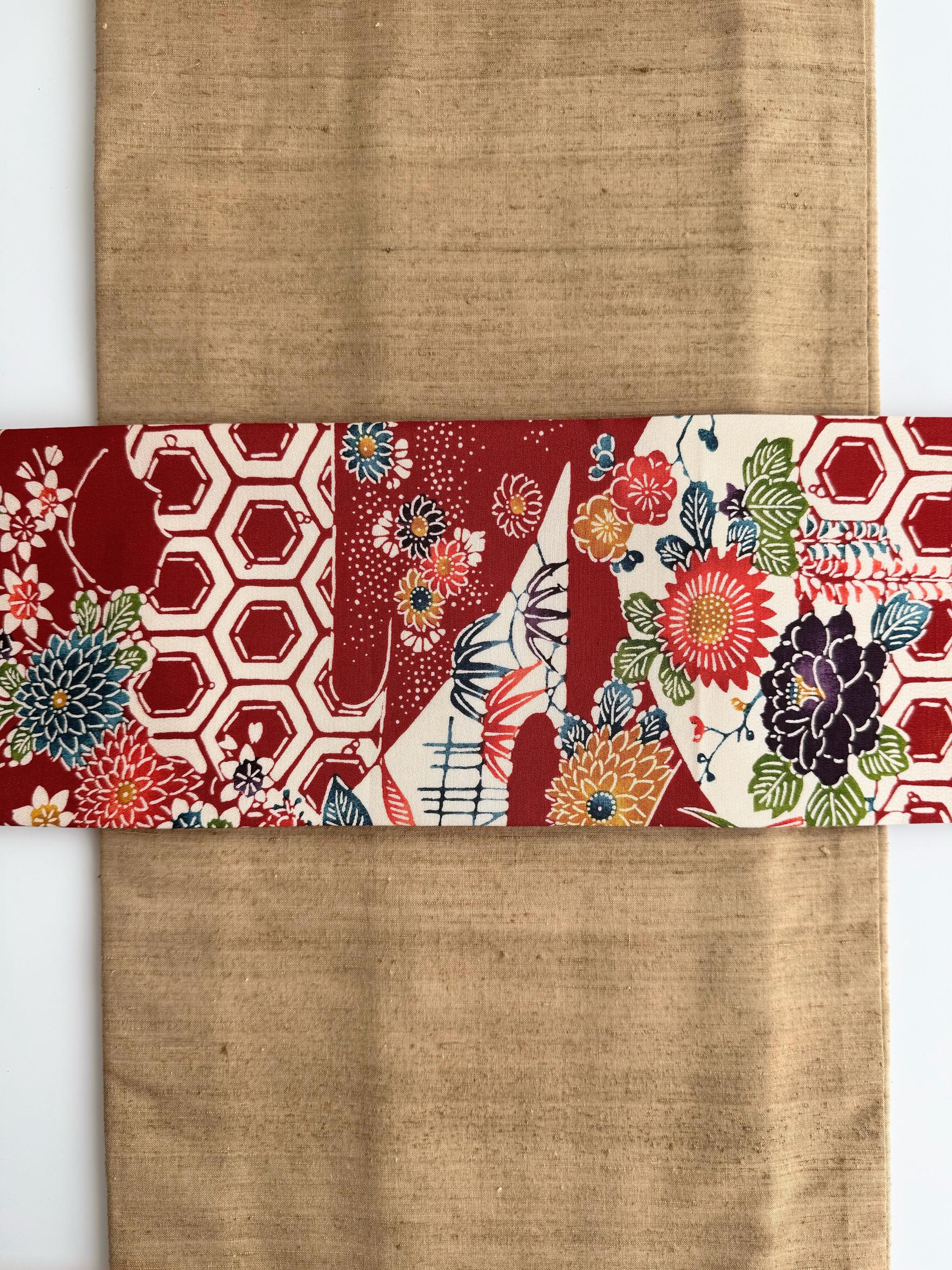 最後の一点！293号 半幅帯 紅型 赤 浜縮緬 ×江戸小紋 赤 正絹 リバーシブル | 7枚目