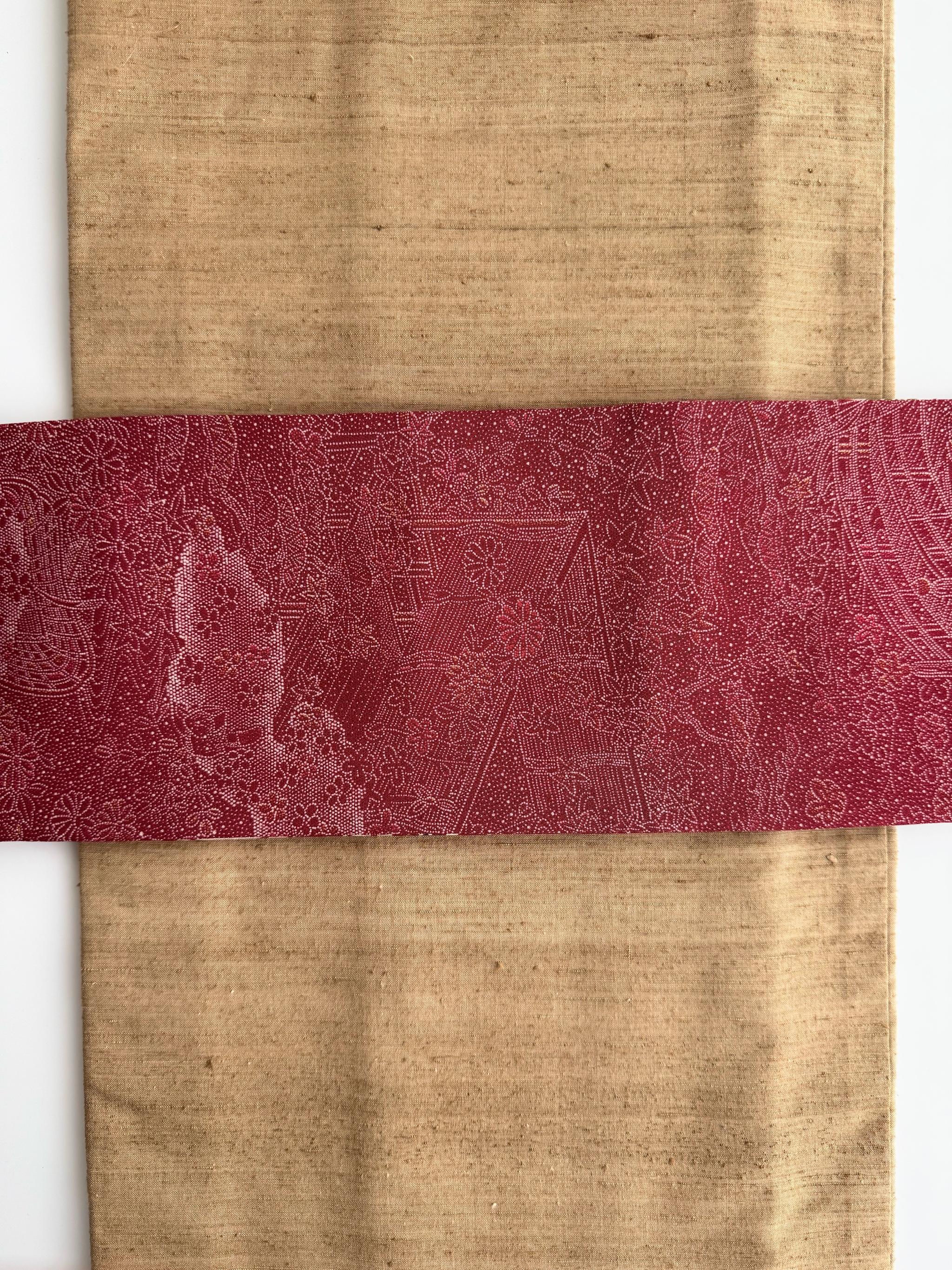 最後の一点！293号 半幅帯 紅型 赤 浜縮緬 ×江戸小紋 赤 正絹 リバーシブル | 8枚目