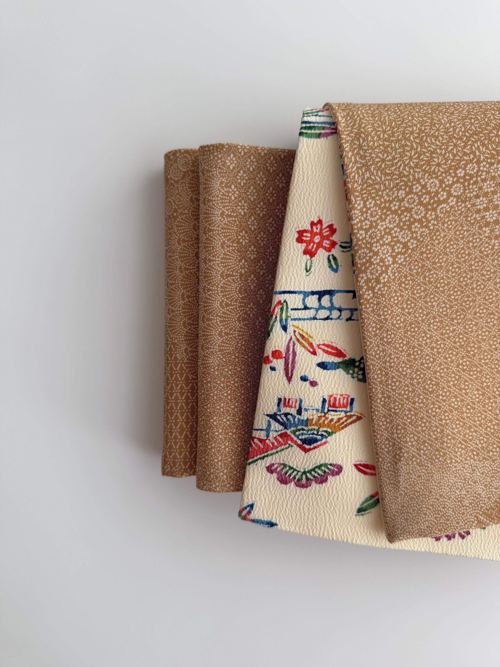 最後の一点！ 294号 半幅帯 紅型 アイボリー × 江戸小紋 寄せ柄 ベージュ 正絹 リバーシブル | 12枚目