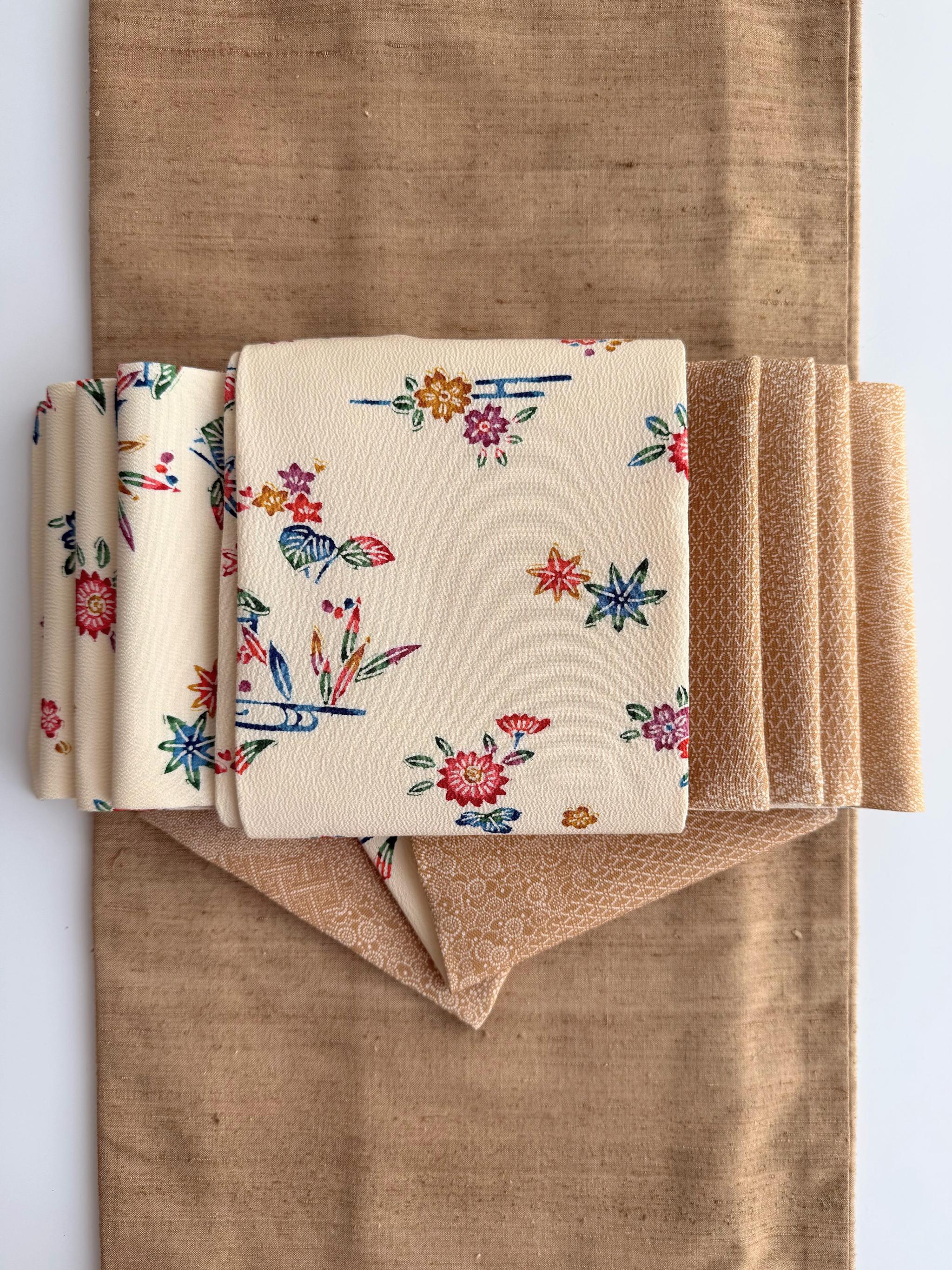 最後の一点！ 294号 半幅帯 紅型 アイボリー × 江戸小紋 寄せ柄 ベージュ 正絹 リバーシブル | 2枚目