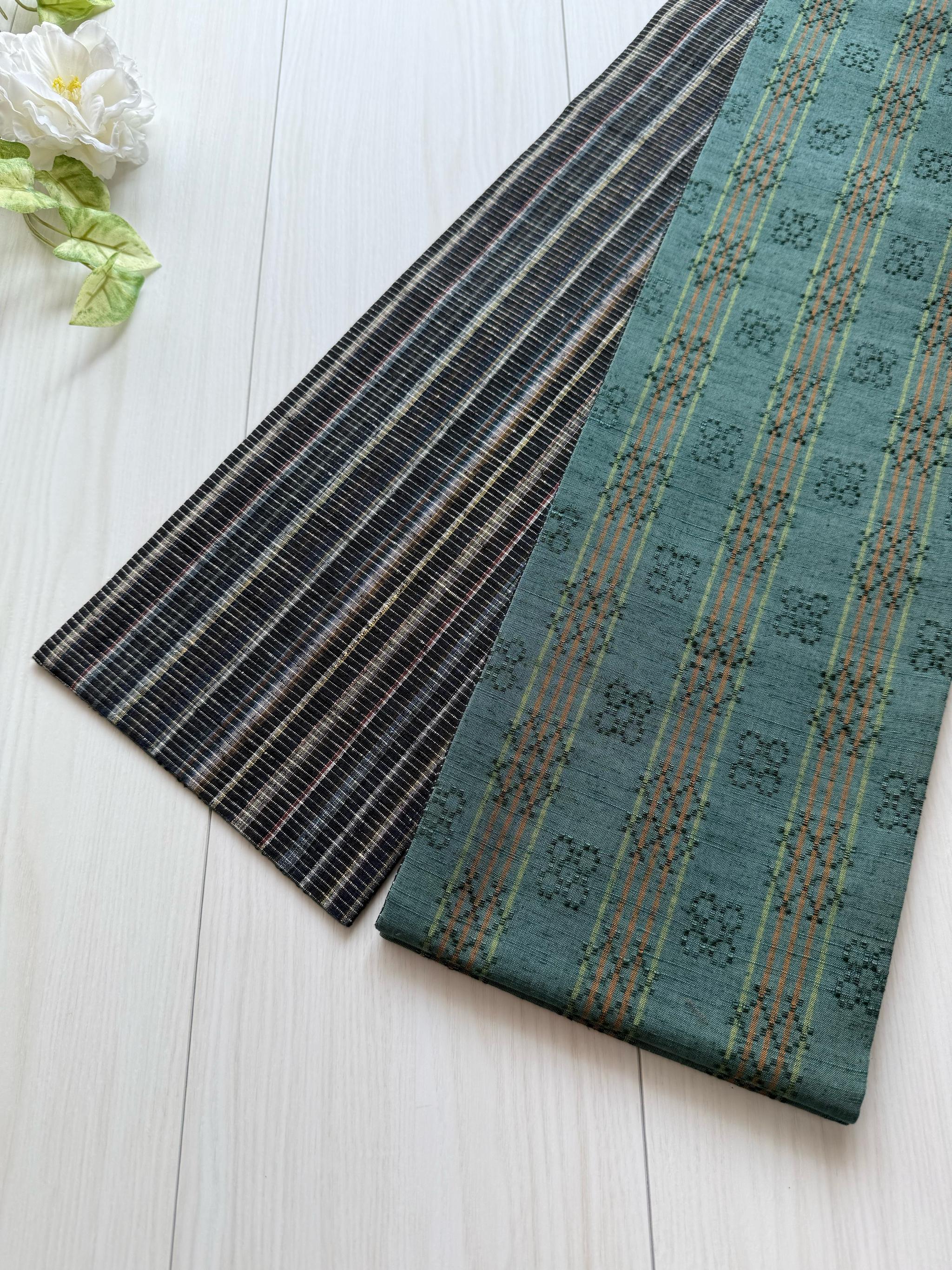 ラスト一点！295号 半幅帯 花織風 青緑 × 黒カラフル縞紬 正絹 リバーシブル