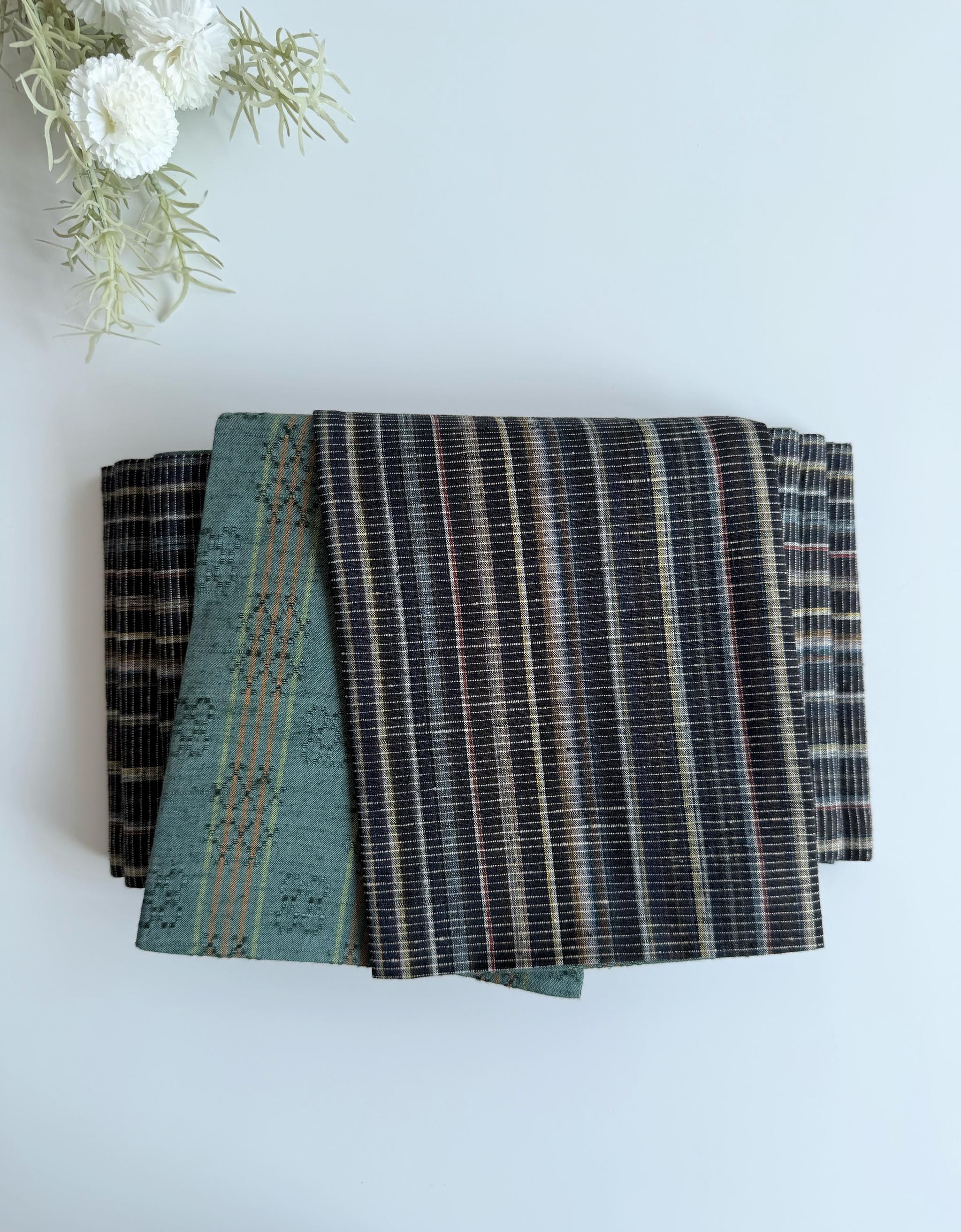 ラスト一点！295号 半幅帯 花織風 青緑 × 黒カラフル縞紬 正絹 リバーシブル | 10枚目