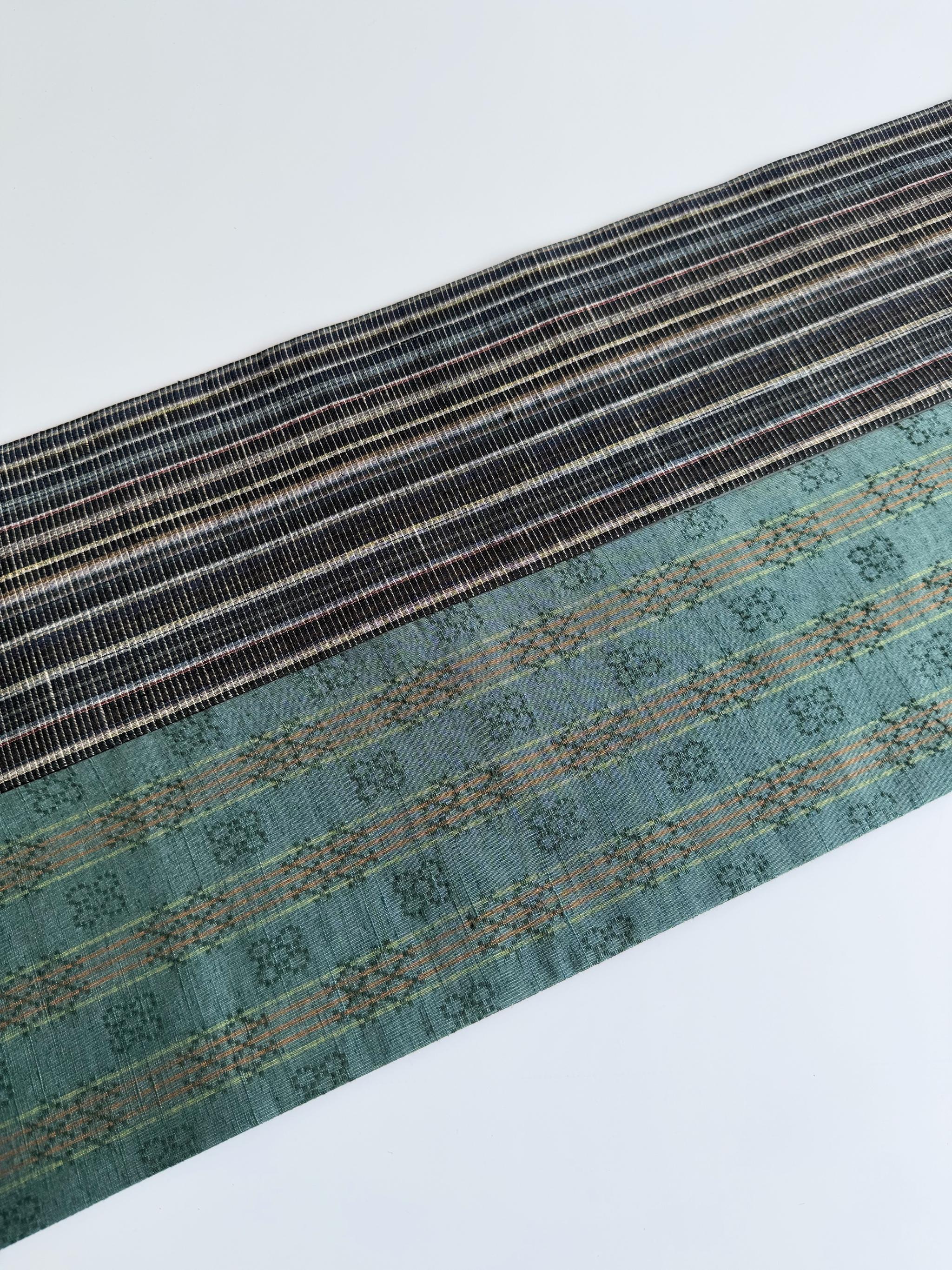 ラスト一点！295号 半幅帯 花織風 青緑 × 黒カラフル縞紬 正絹 リバーシブル | 13枚目