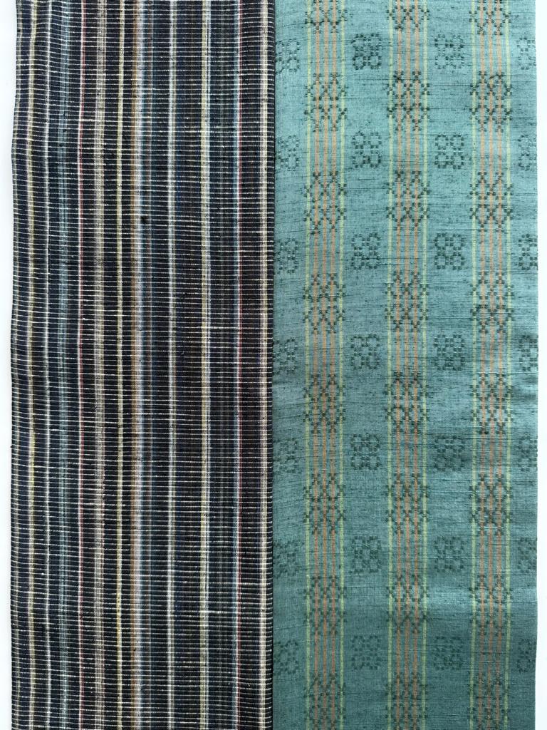 ラスト一点！295号 半幅帯 花織風 青緑 × 黒カラフル縞紬 正絹 リバーシブル | 14枚目