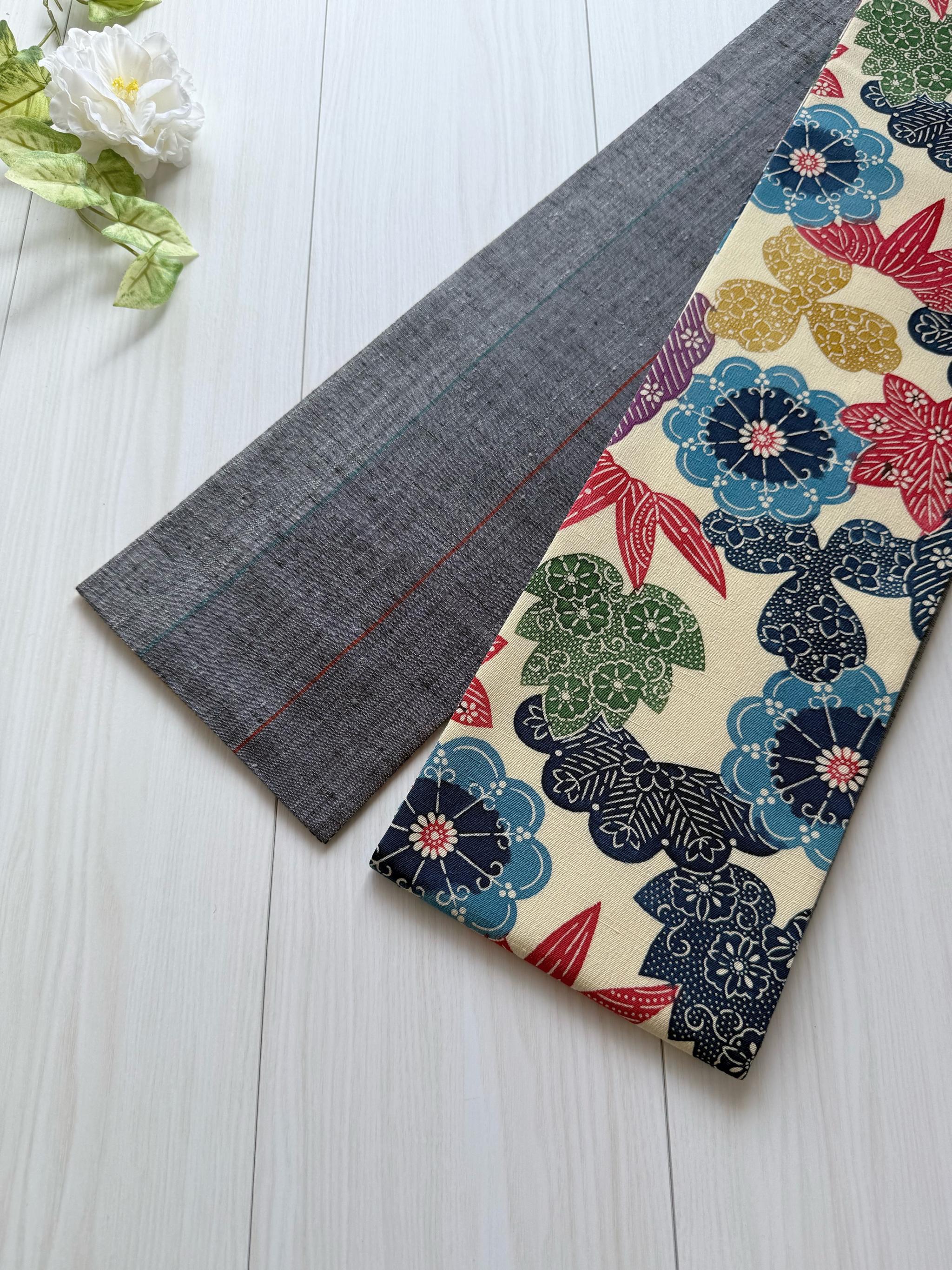 最後の一点！296号 半幅帯 草木染め紬 アイボリー × グレーライン紬 正絹 リバーシブル 並尺