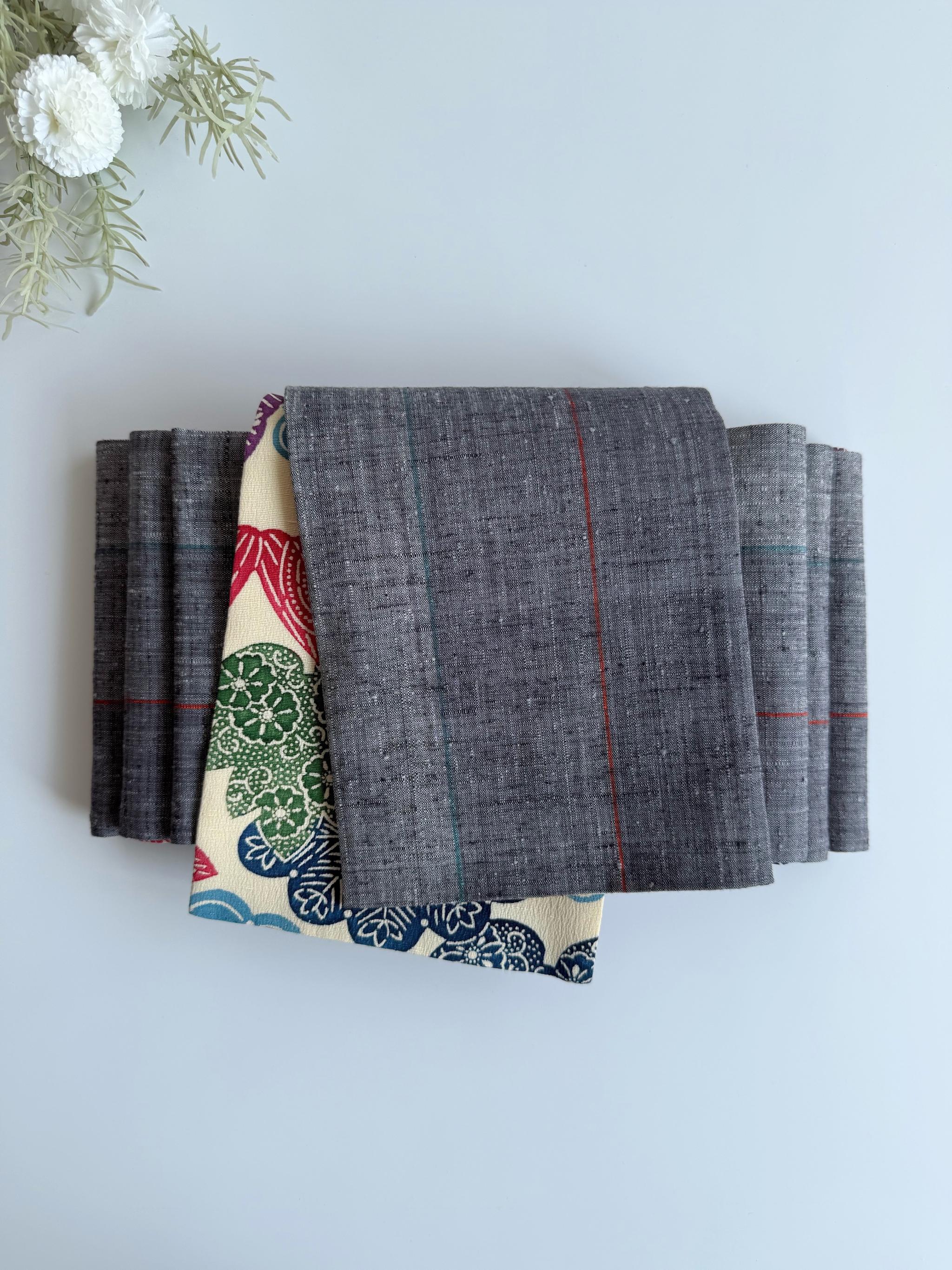 最後の一点！296号 半幅帯 草木染め紬 アイボリー × グレーライン紬 正絹 リバーシブル 並尺 | 11枚目