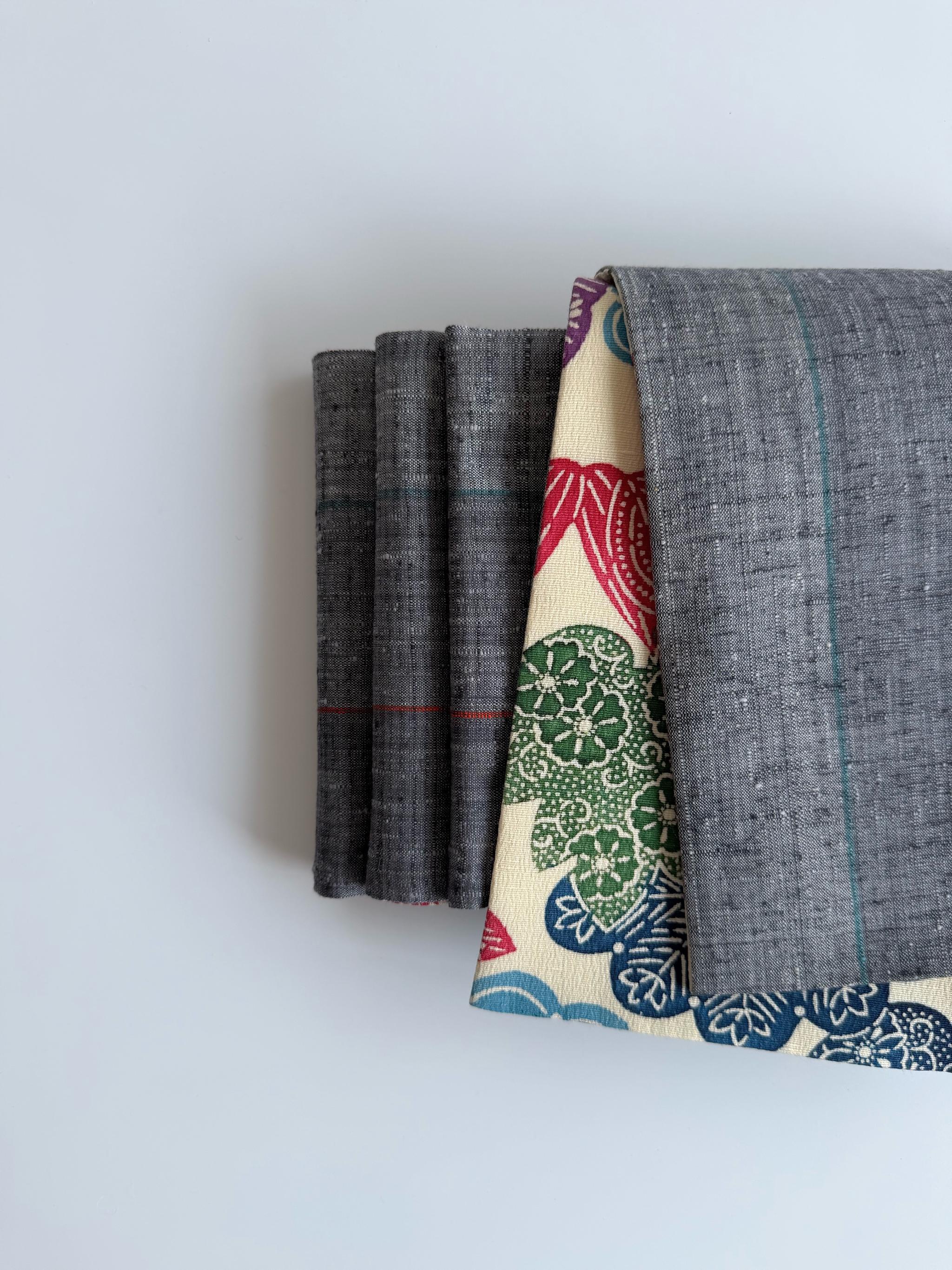 最後の一点！296号 半幅帯 草木染め紬 アイボリー × グレーライン紬 正絹 リバーシブル 並尺 | 12枚目