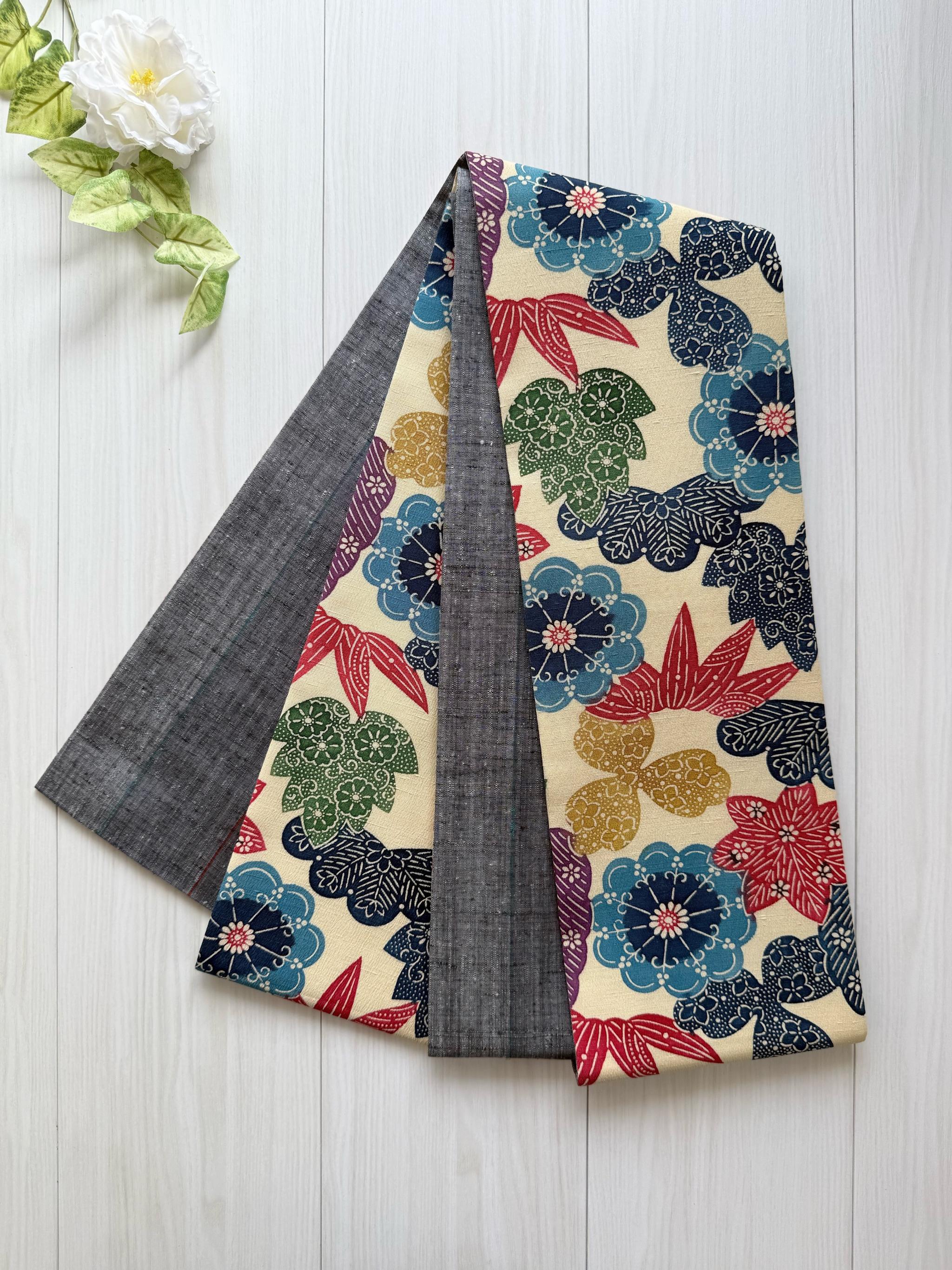 最後の一点！296号 半幅帯 草木染め紬 アイボリー × グレーライン紬 正絹 リバーシブル 並尺 | 13枚目