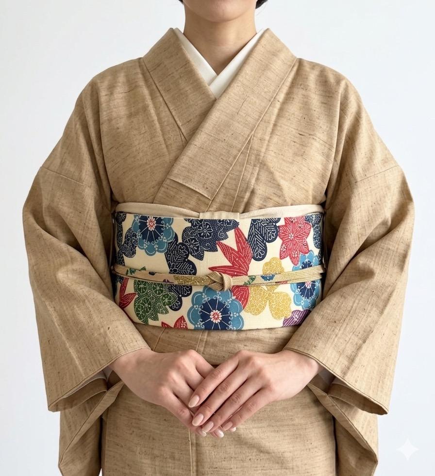 最後の一点！296号 半幅帯 草木染め紬 アイボリー × グレーライン紬 正絹 リバーシブル 並尺 | 5枚目