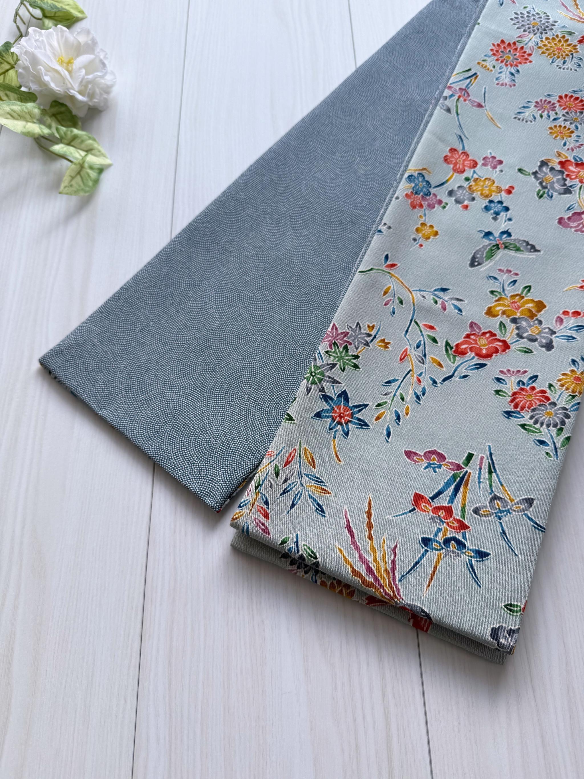 297号 半幅帯 水色×鮫小紋 青 正絹 リバーシブル 数量限定