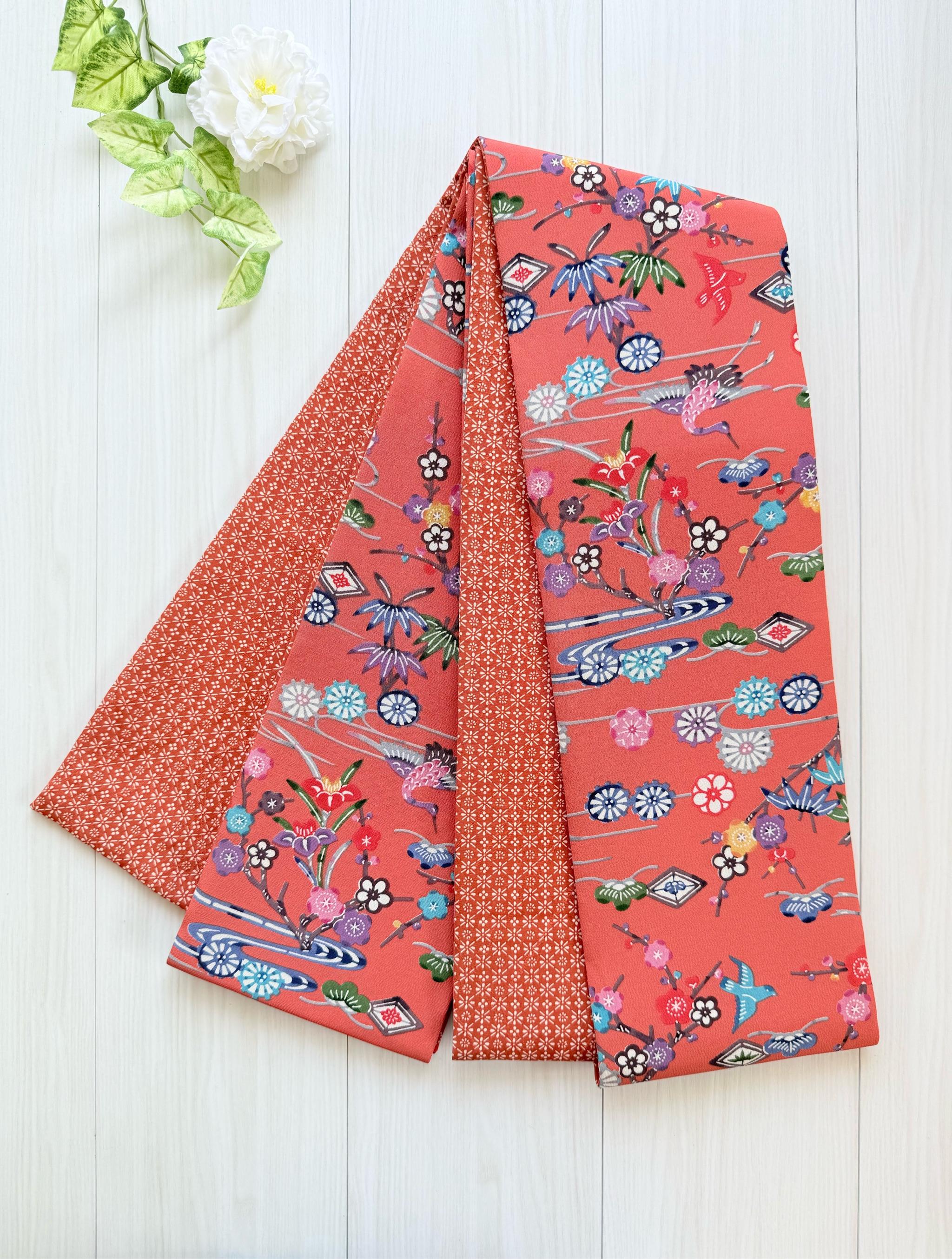 289号 半幅帯 紅型 オレンジ × 小紋 オレンジ 正絹 リバーシブル | 13枚目