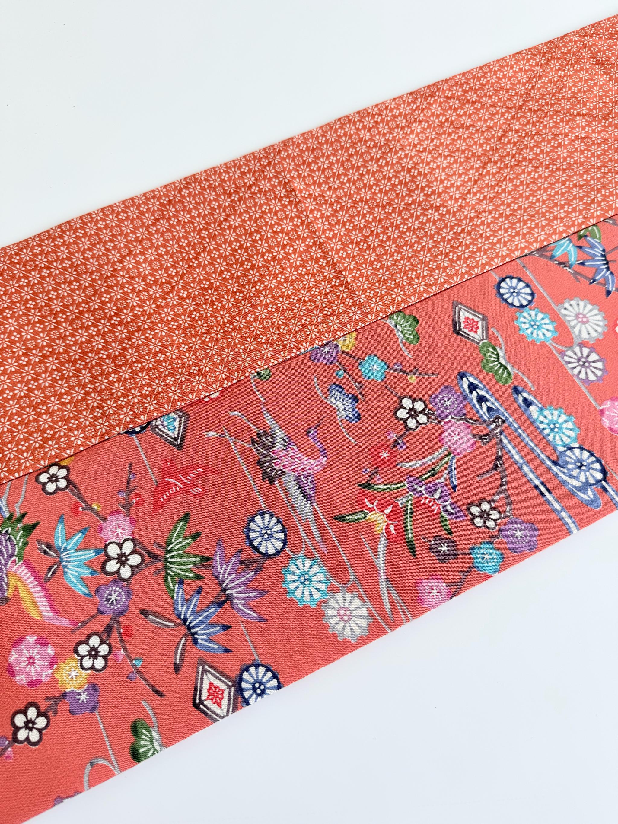 289号 半幅帯 紅型 オレンジ × 小紋 オレンジ 正絹 リバーシブル | 14枚目