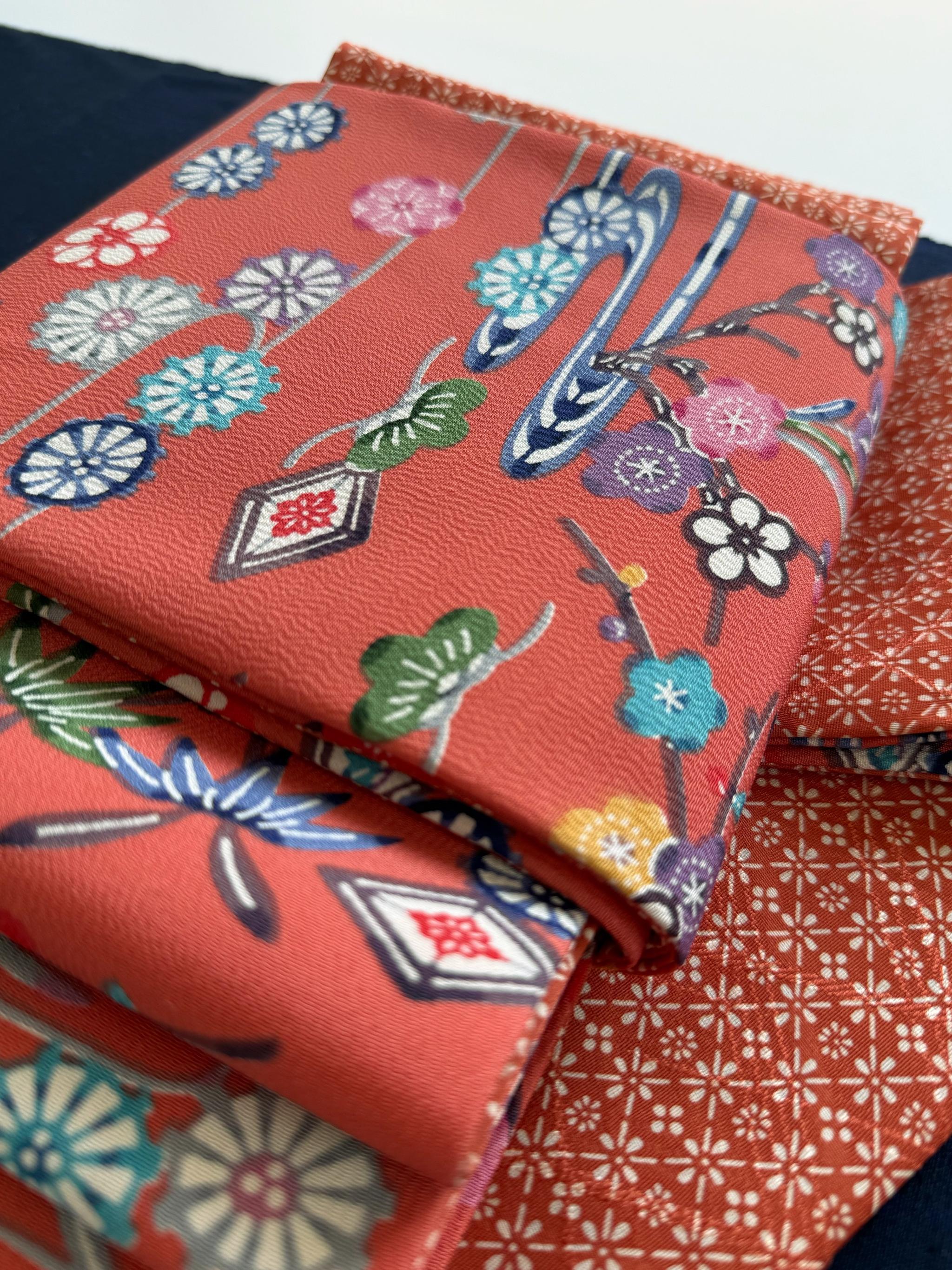 289号 半幅帯 紅型 オレンジ × 小紋 オレンジ 正絹 リバーシブル | 3枚目