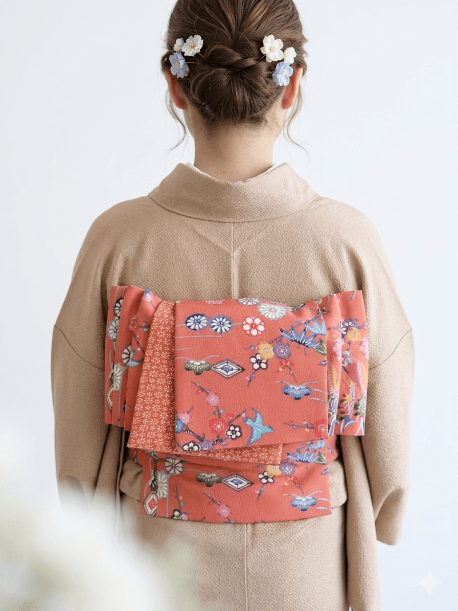 289号 半幅帯 紅型 オレンジ × 小紋 オレンジ 正絹 リバーシブル | 4枚目