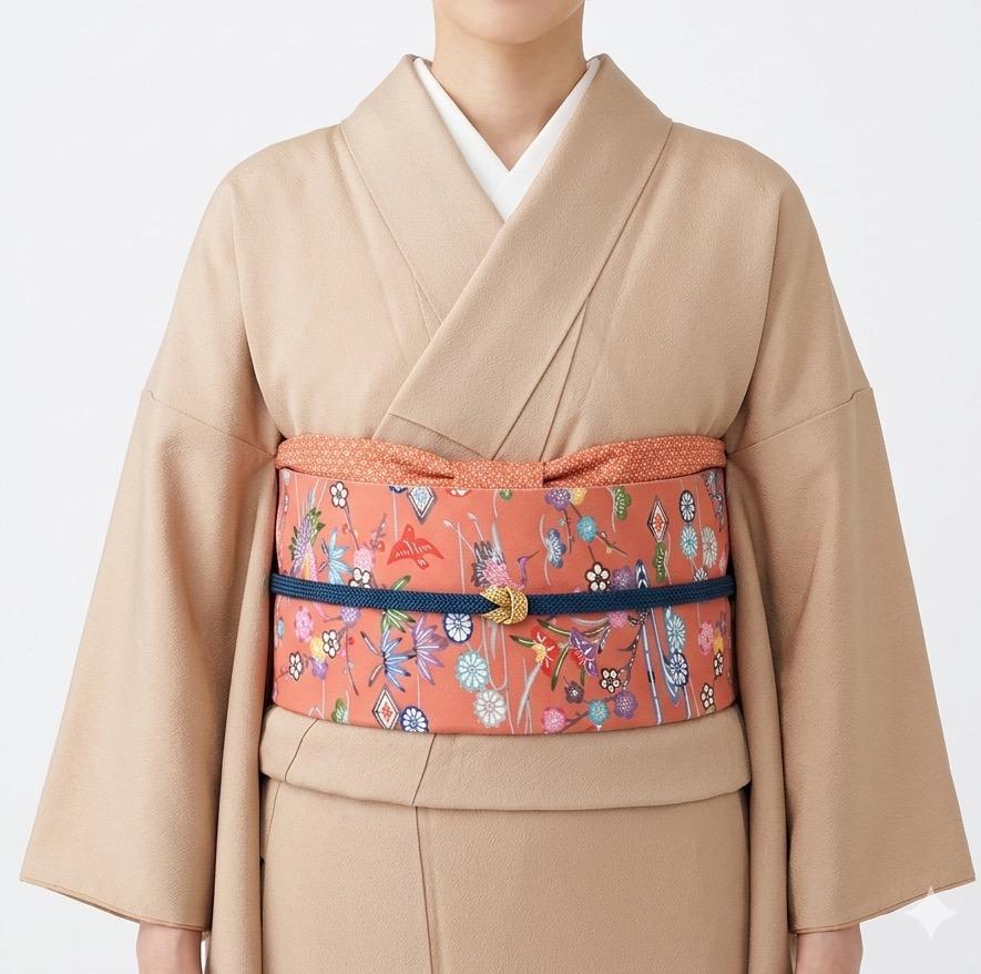 289号 半幅帯 紅型 オレンジ × 小紋 オレンジ 正絹 リバーシブル | 5枚目