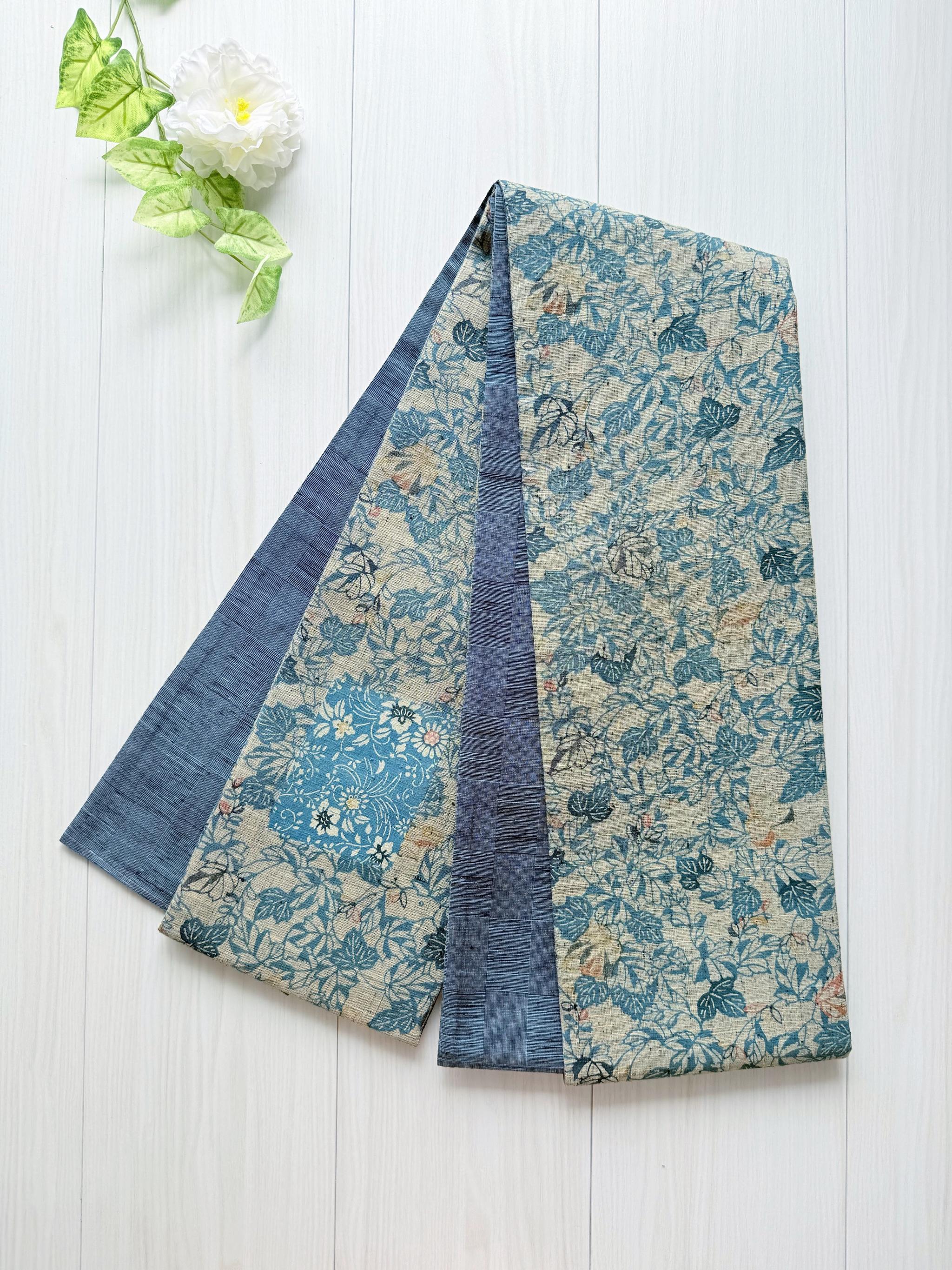 ３点まで 299号 半幅帯 本場徳島玉藍染紬 × 市松変わり織紬 明るい紺 正絹 リバーシブル | 13枚目