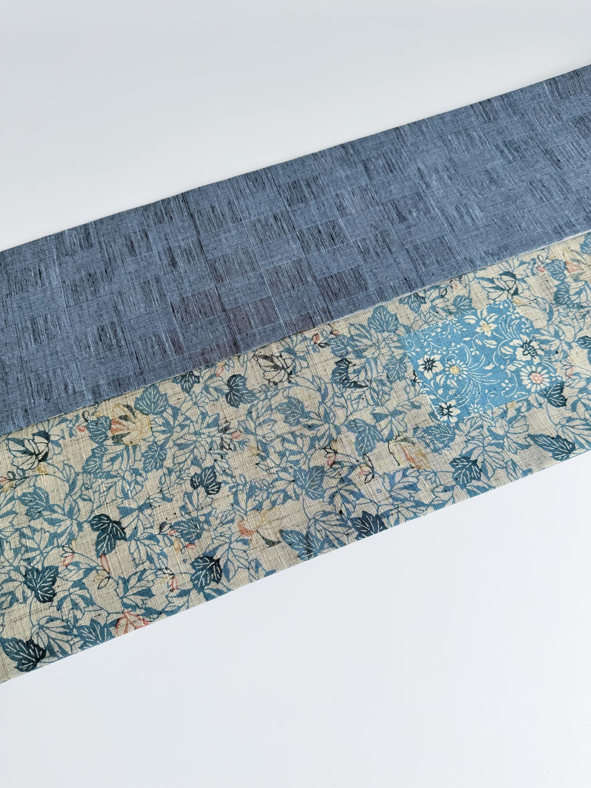 ３点まで 299号 半幅帯 本場徳島玉藍染紬 × 市松変わり織紬 明るい紺 正絹 リバーシブル | 14枚目