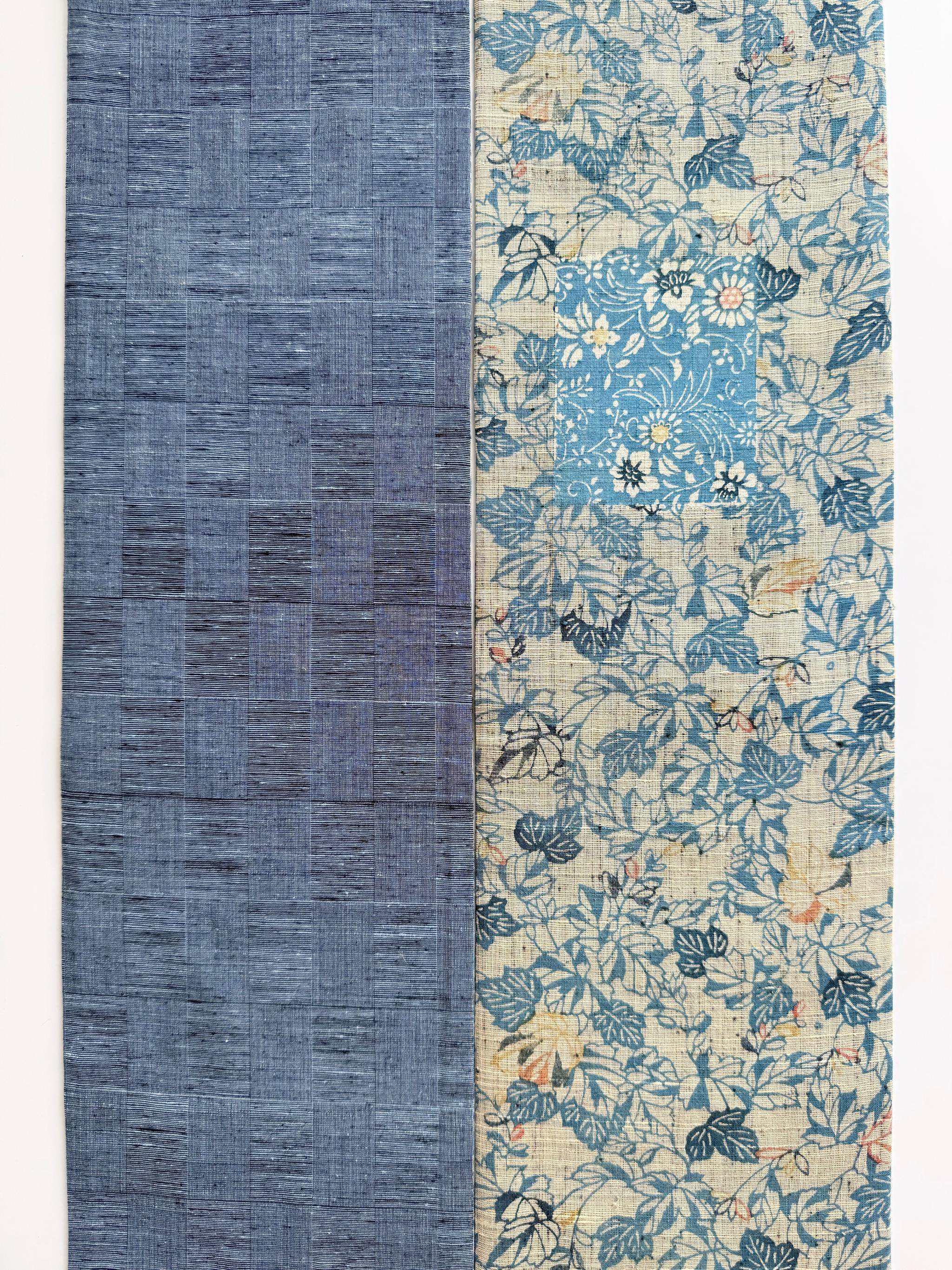 ３点まで 299号 半幅帯 本場徳島玉藍染紬 × 市松変わり織紬 明るい紺 正絹 リバーシブル | 15枚目