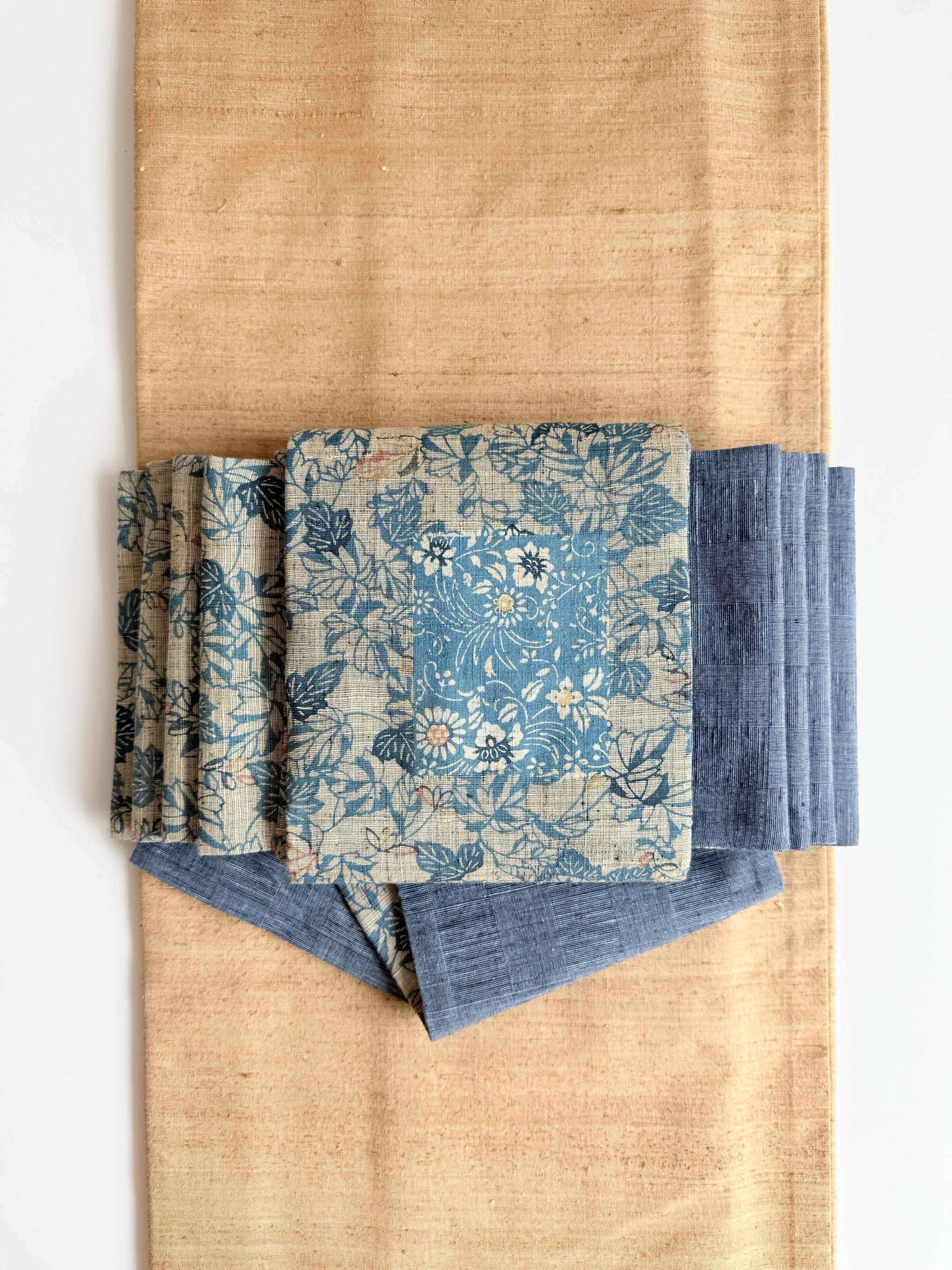 ３点まで 299号 半幅帯 本場徳島玉藍染紬 × 市松変わり織紬 明るい紺 正絹 リバーシブル | 2枚目