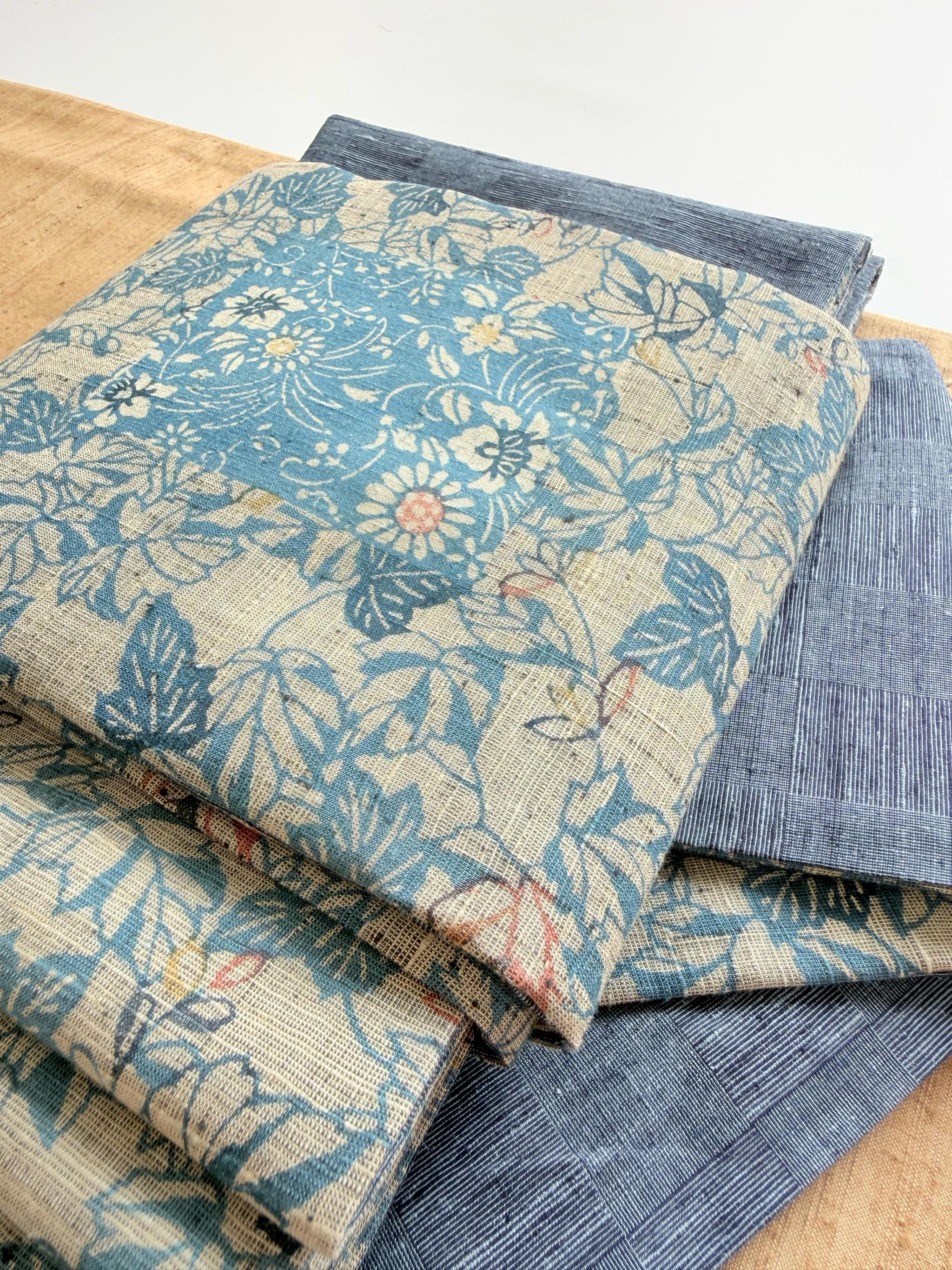 ３点まで 299号 半幅帯 本場徳島玉藍染紬 × 市松変わり織紬 明るい紺 正絹 リバーシブル | 3枚目