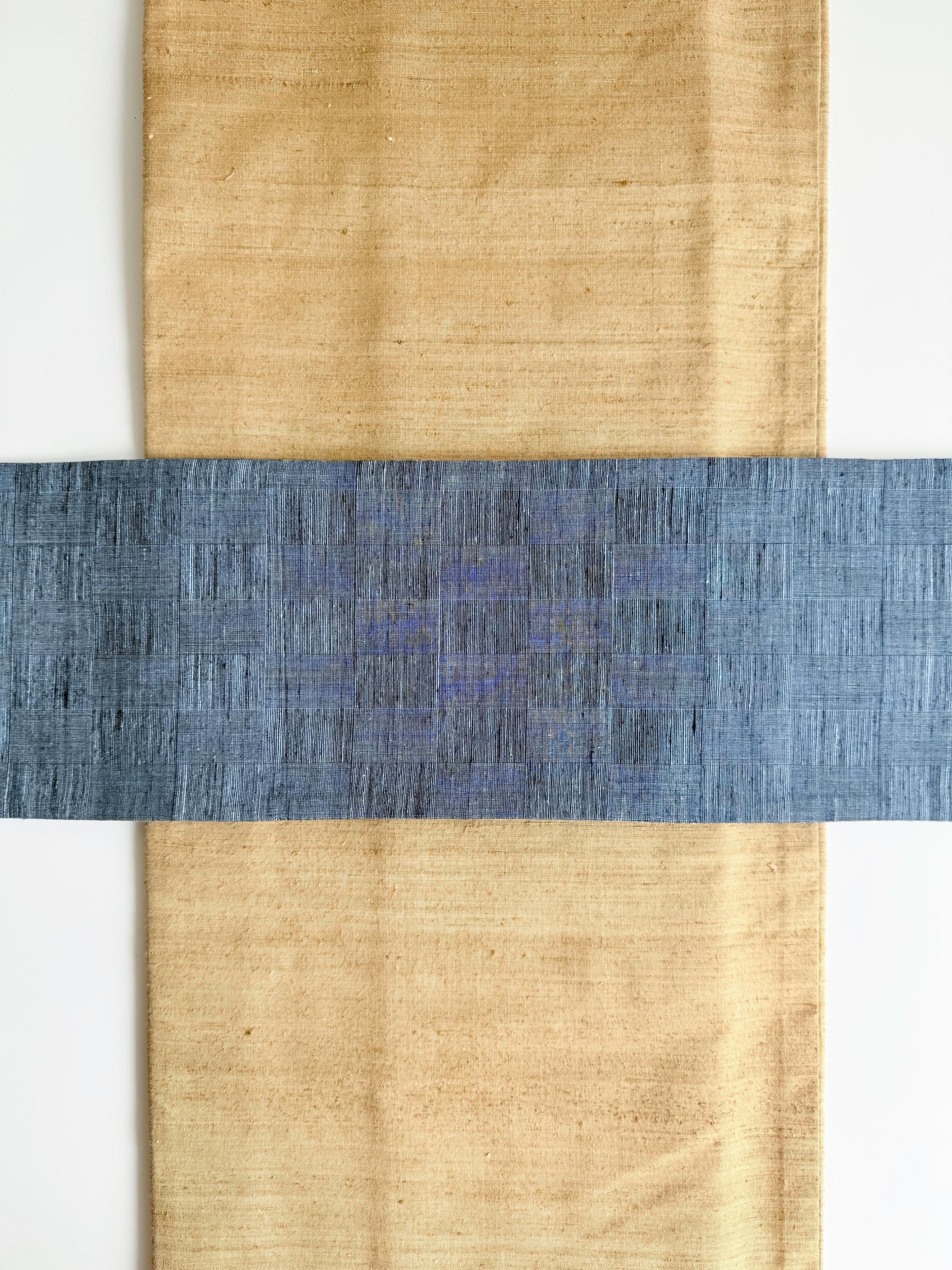 ３点まで 299号 半幅帯 本場徳島玉藍染紬 × 市松変わり織紬 明るい紺 正絹 リバーシブル | 8枚目