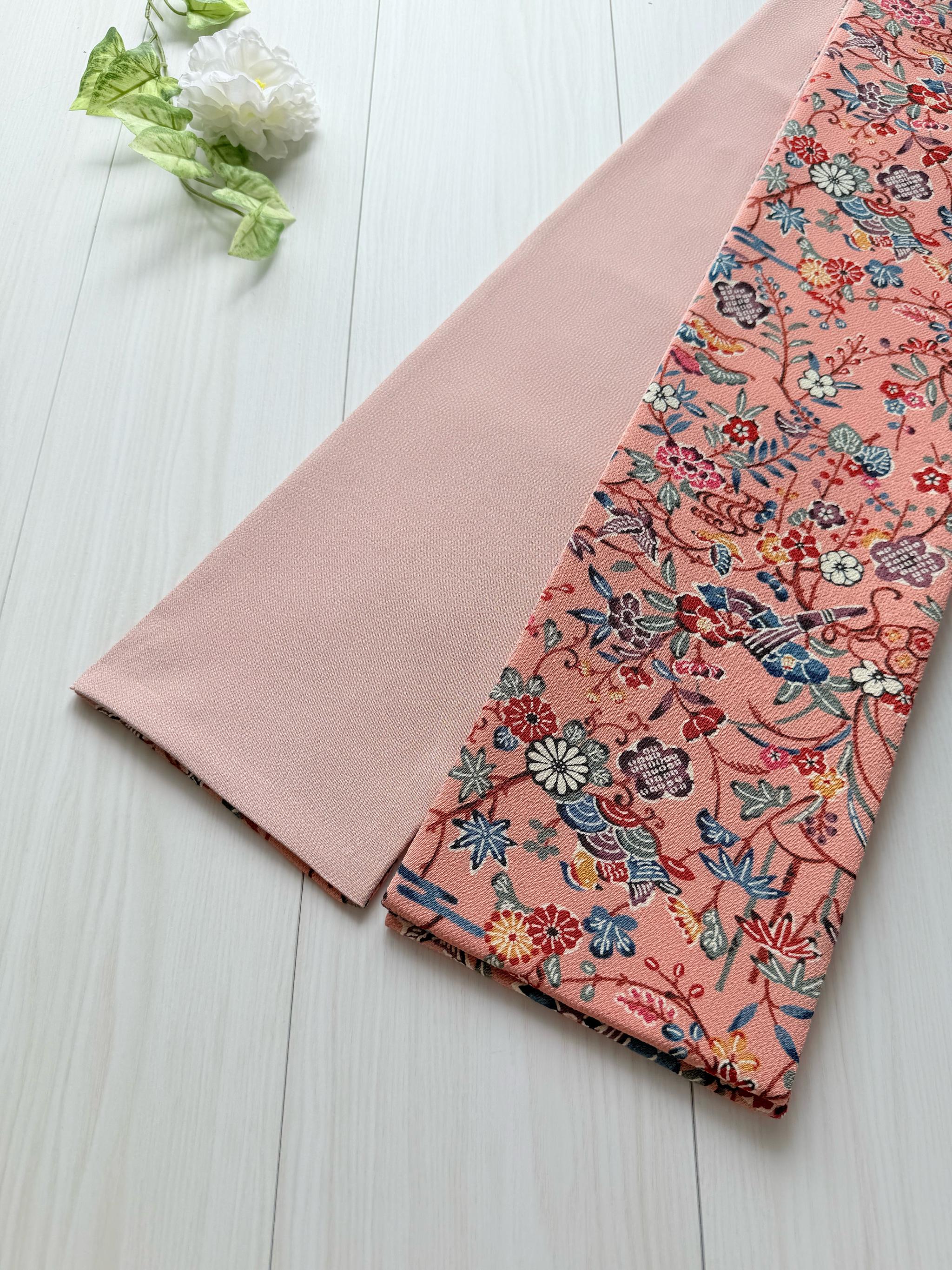 300号 半幅帯 紅型 ピンク × 江戸小紋 カラフル鮫小紋 ベビーピンク 正絹 リバーシブル