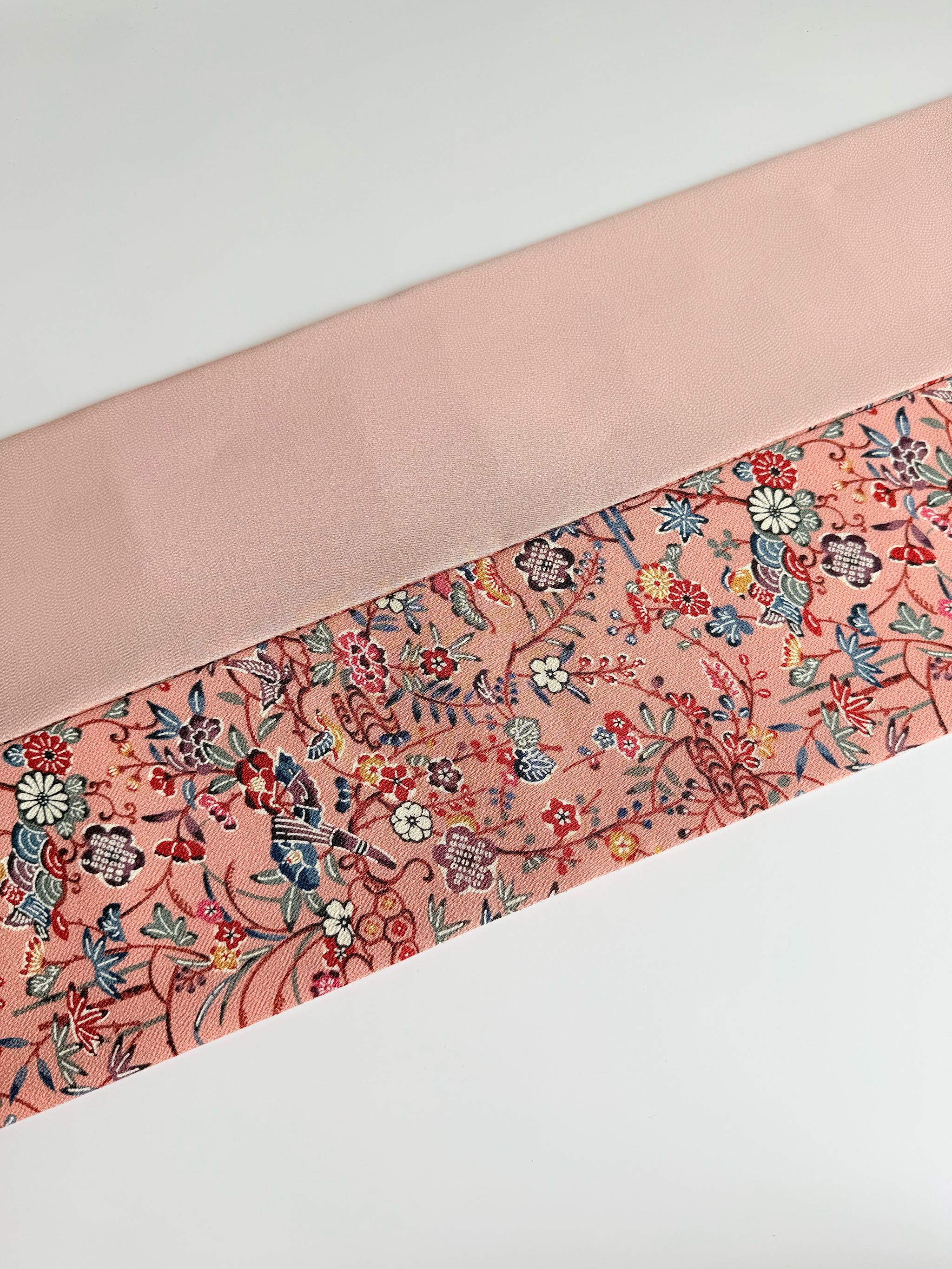 300号 半幅帯 紅型 ピンク × 江戸小紋 カラフル鮫小紋 ベビーピンク 正絹 リバーシブル | 14枚目