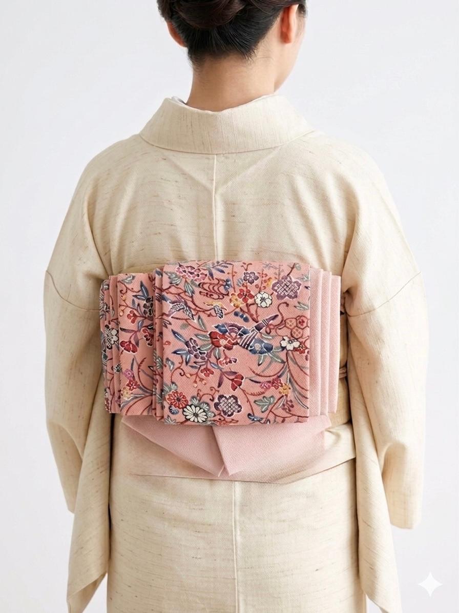 300号 半幅帯 紅型 ピンク × 江戸小紋 カラフル鮫小紋 ベビーピンク 正絹 リバーシブル | 4枚目