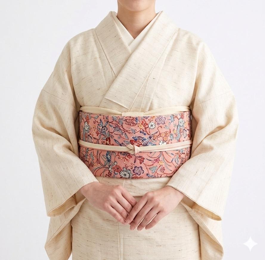 300号 半幅帯 紅型 ピンク × 江戸小紋 カラフル鮫小紋 ベビーピンク 正絹 リバーシブル | 5枚目