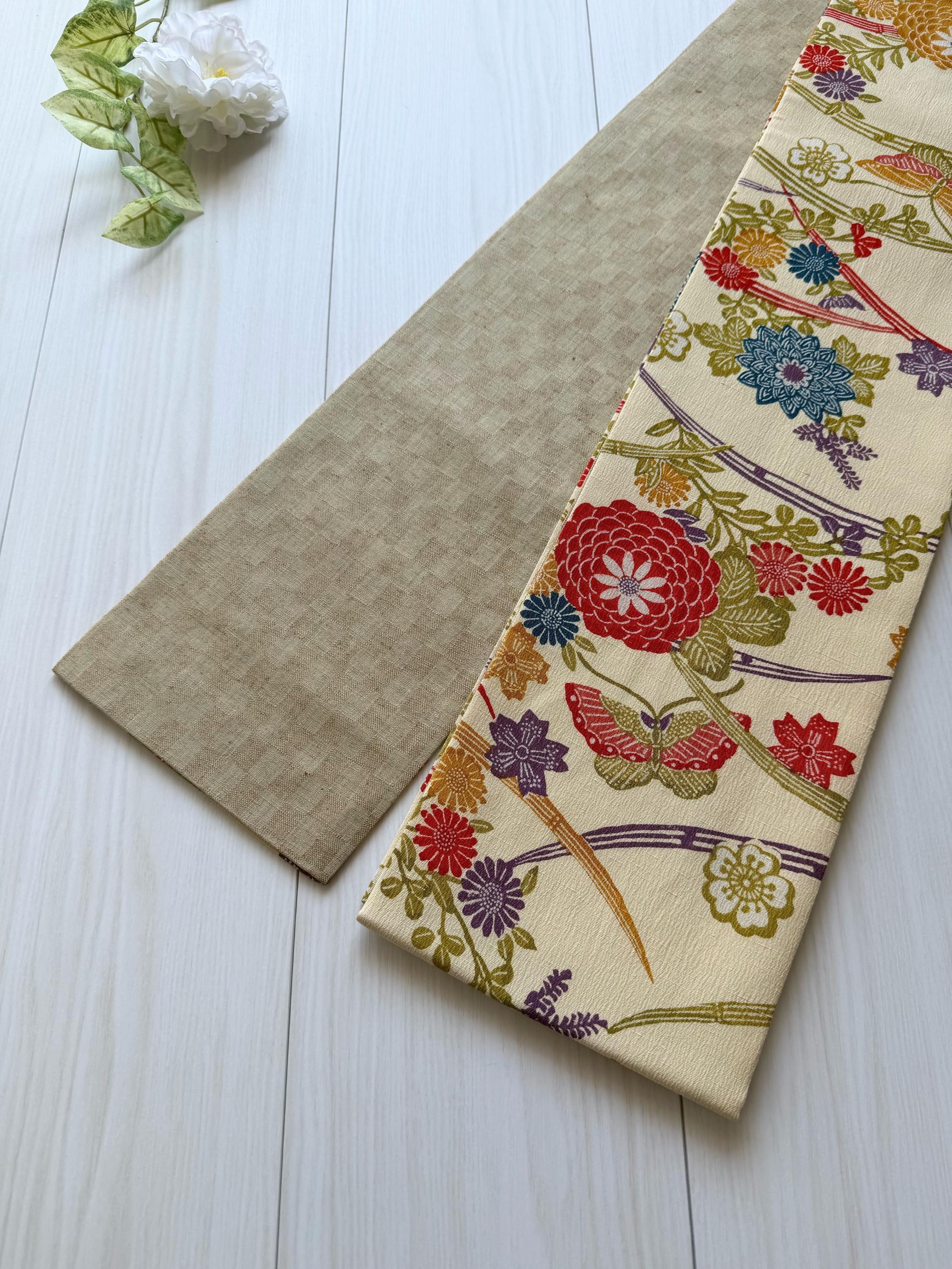 最後の一点！301号 半幅帯 紅型染め紬 生成色 × ベージュ 市松織紬 正絹 リバーシブル