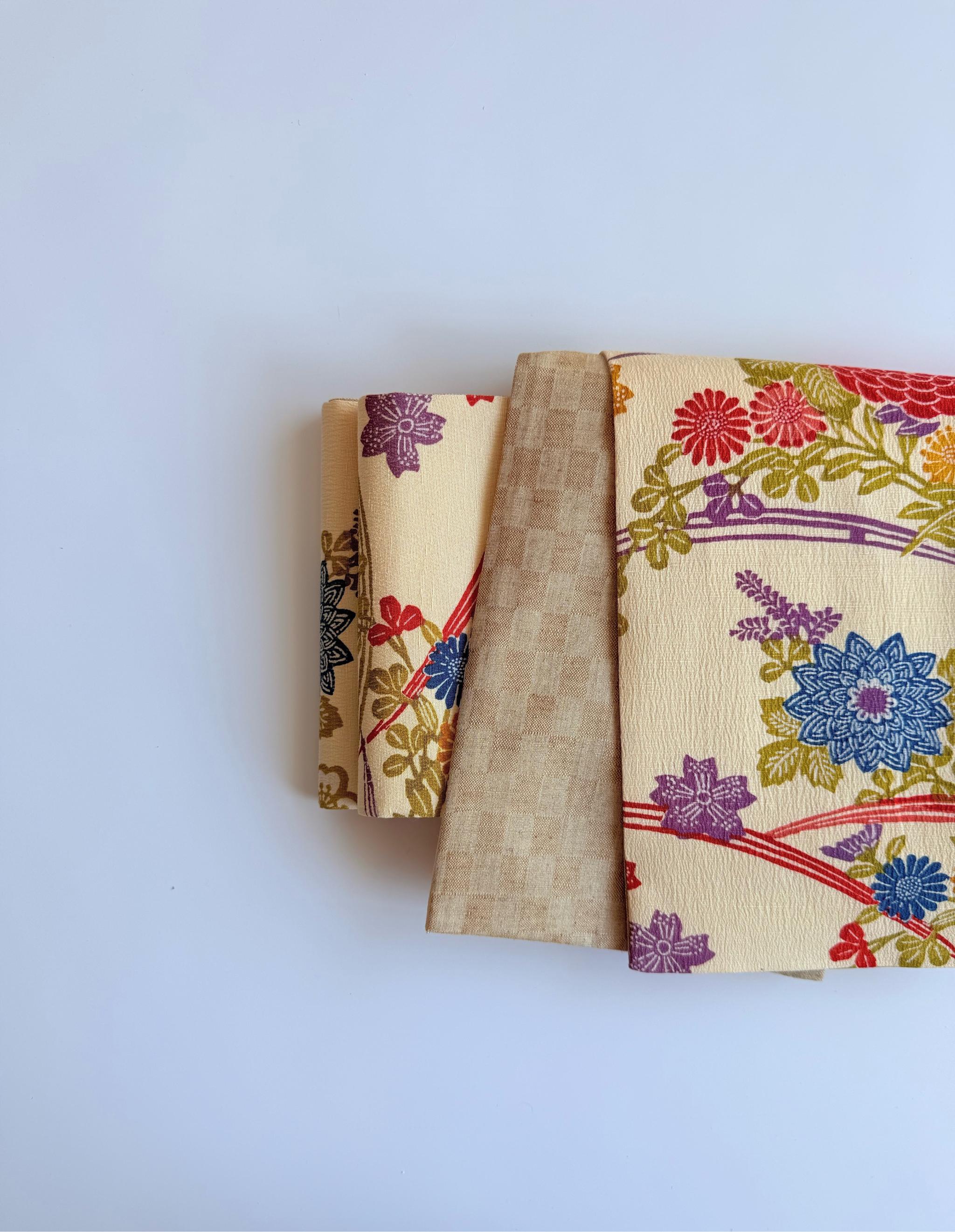 最後の一点！301号 半幅帯 紅型染め紬 生成色 × ベージュ 市松織紬 正絹 リバーシブル | 10枚目