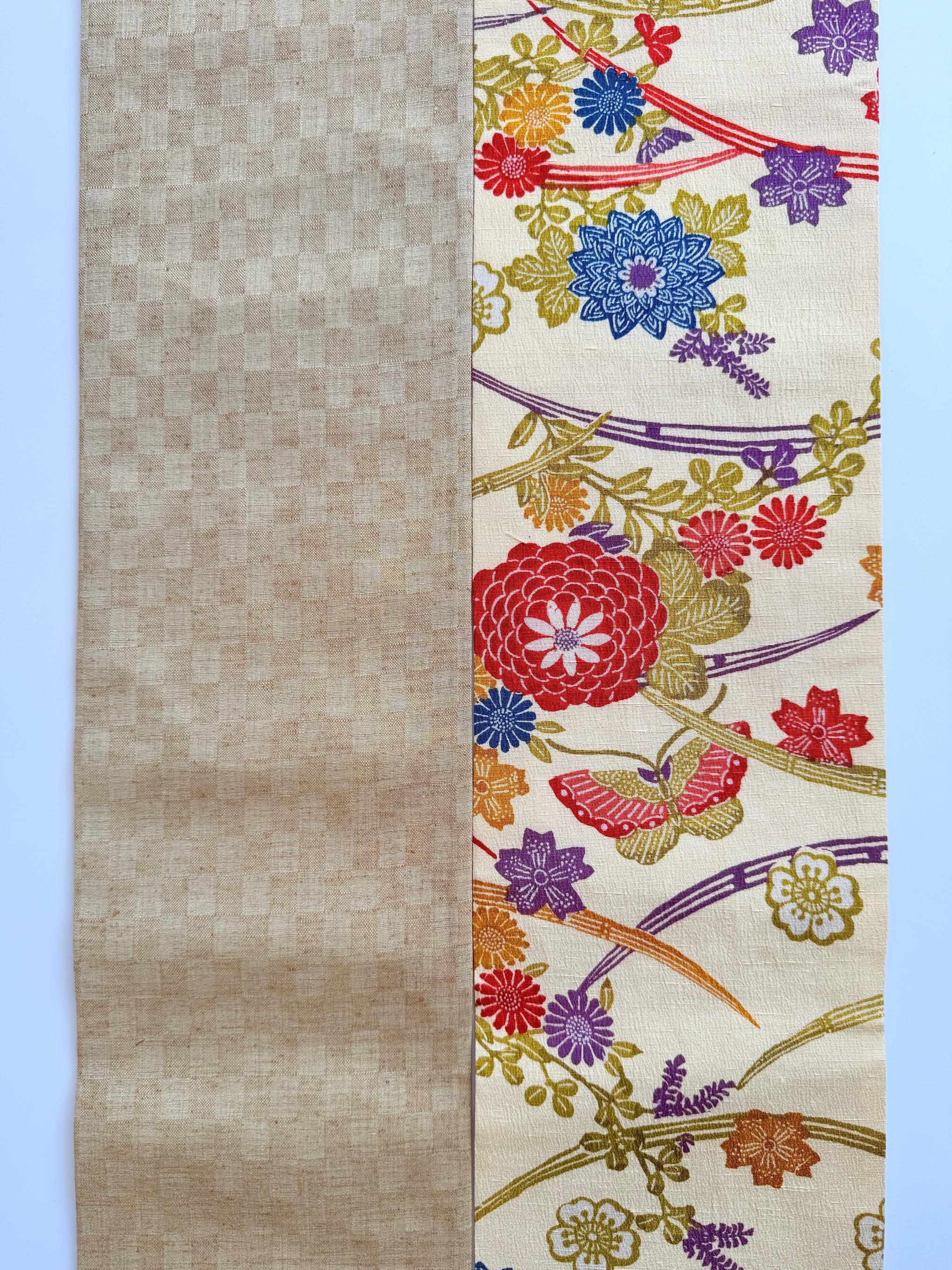 最後の一点！301号 半幅帯 紅型染め紬 生成色 × ベージュ 市松織紬 正絹 リバーシブル | 16枚目