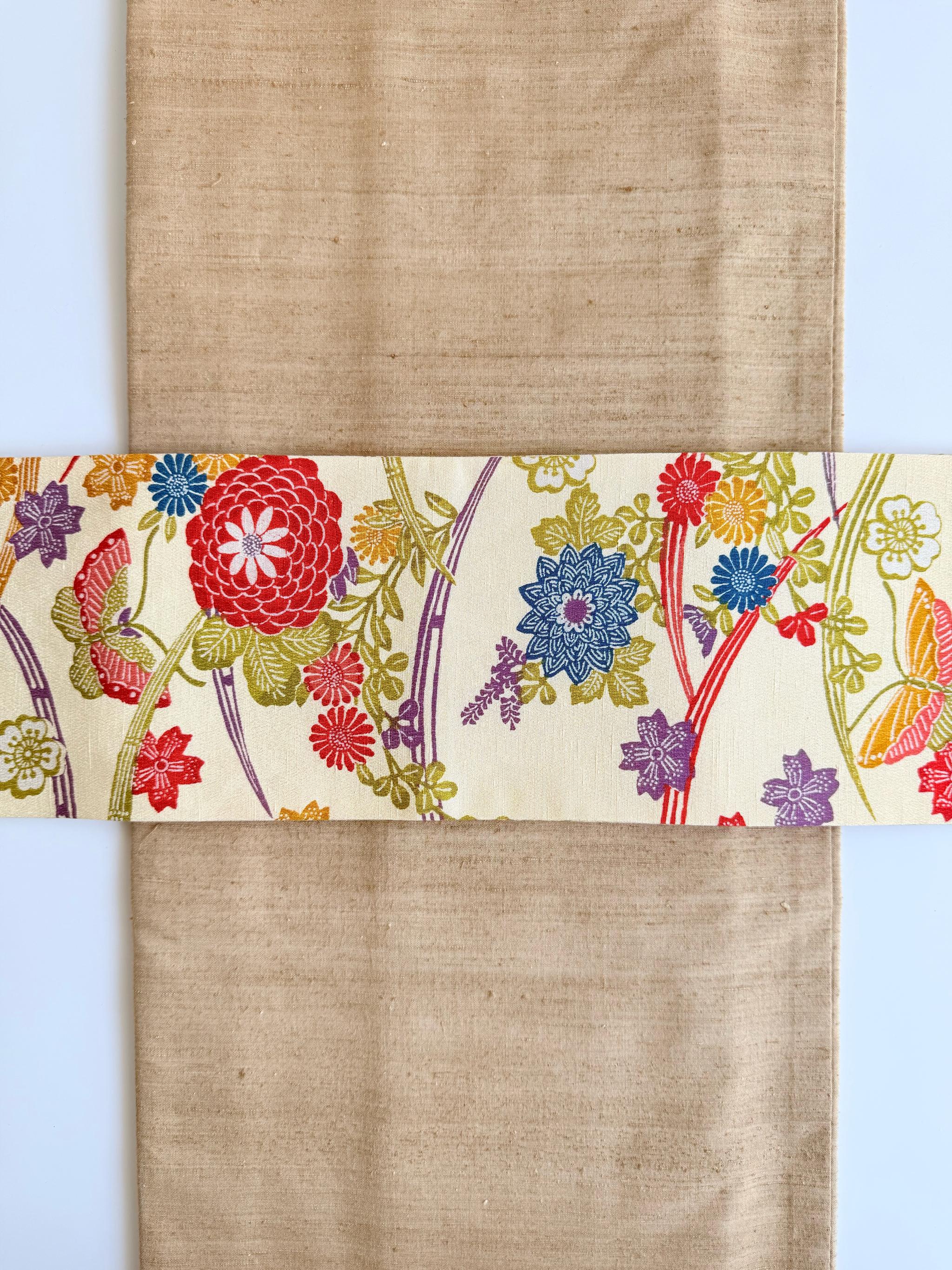 最後の一点！301号 半幅帯 紅型染め紬 生成色 × ベージュ 市松織紬 正絹 リバーシブル | 7枚目