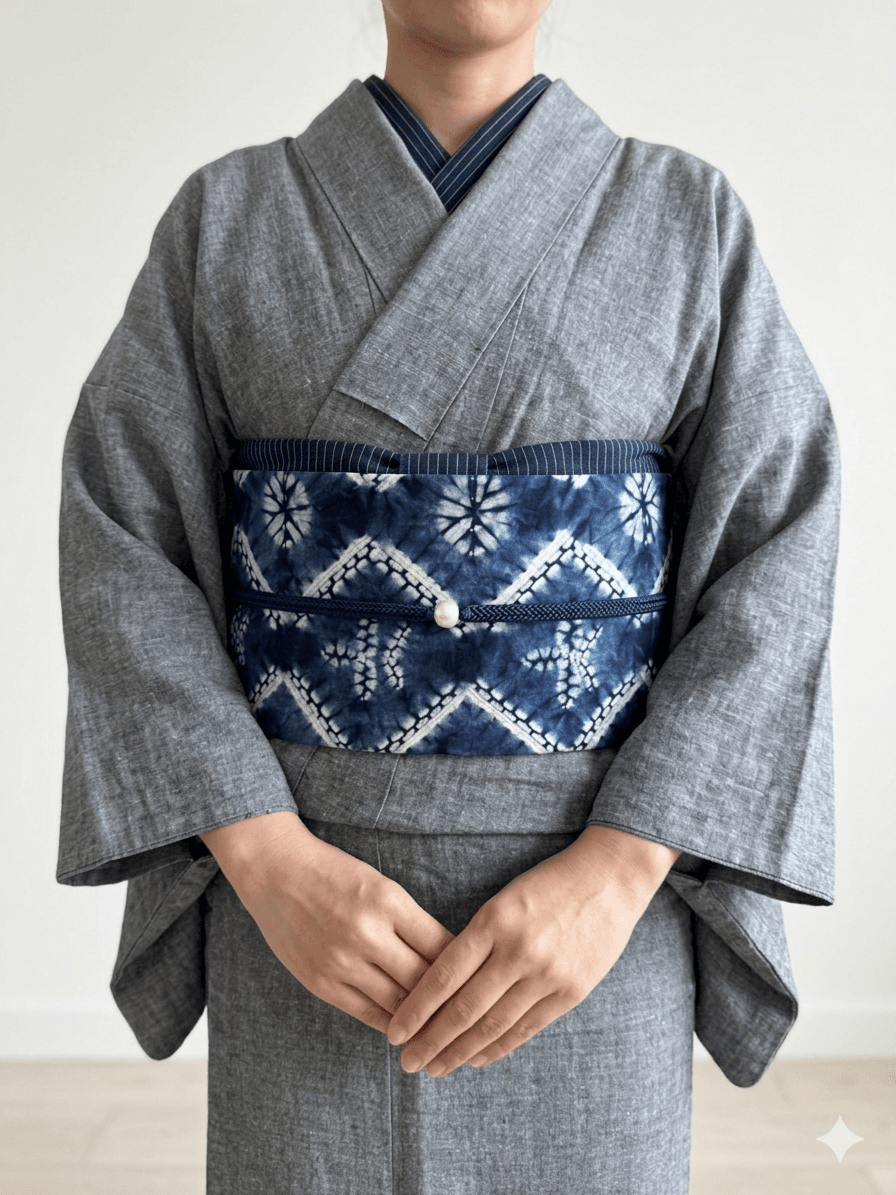 最後の一点！307号 半幅帯 綿 日本製本藍染手絞り×かのこ絞り 綿100% リバーシブル | 5枚目
